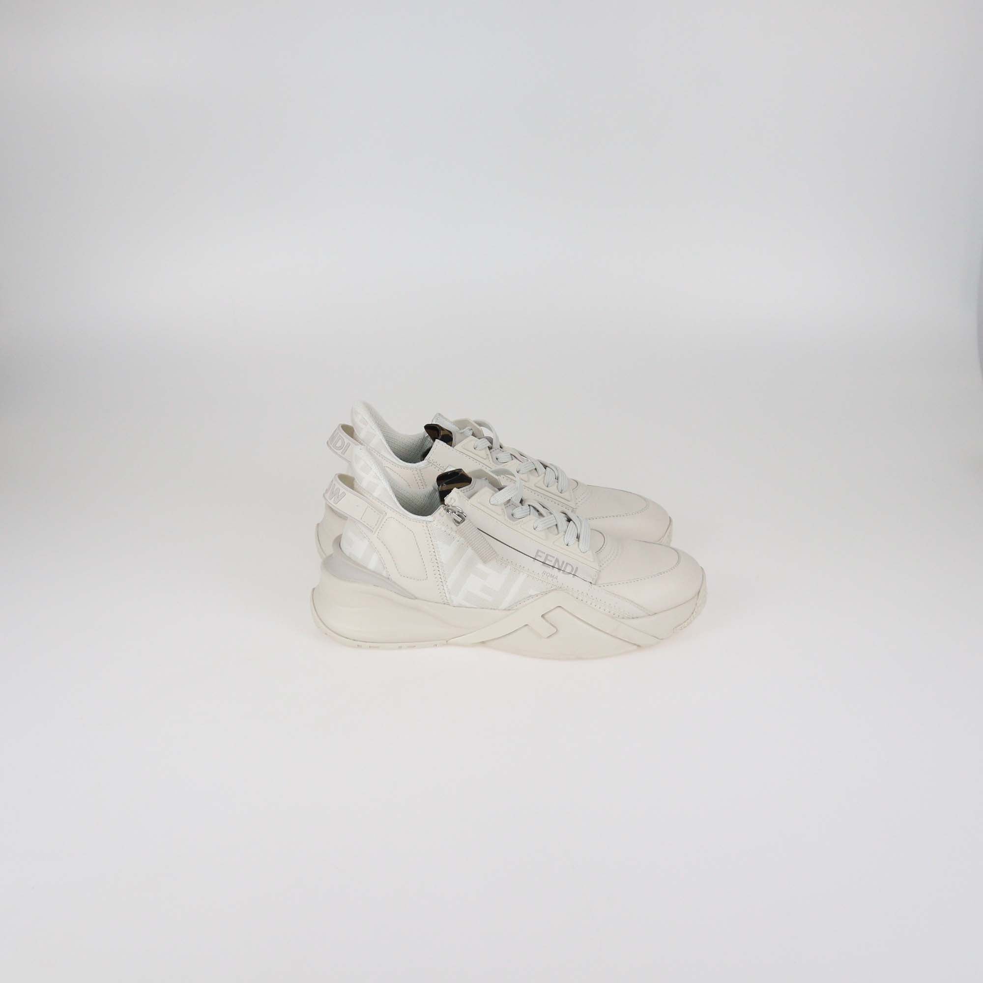 Fendi White FF Fabric and Leather Flow Low Top Sneakers
