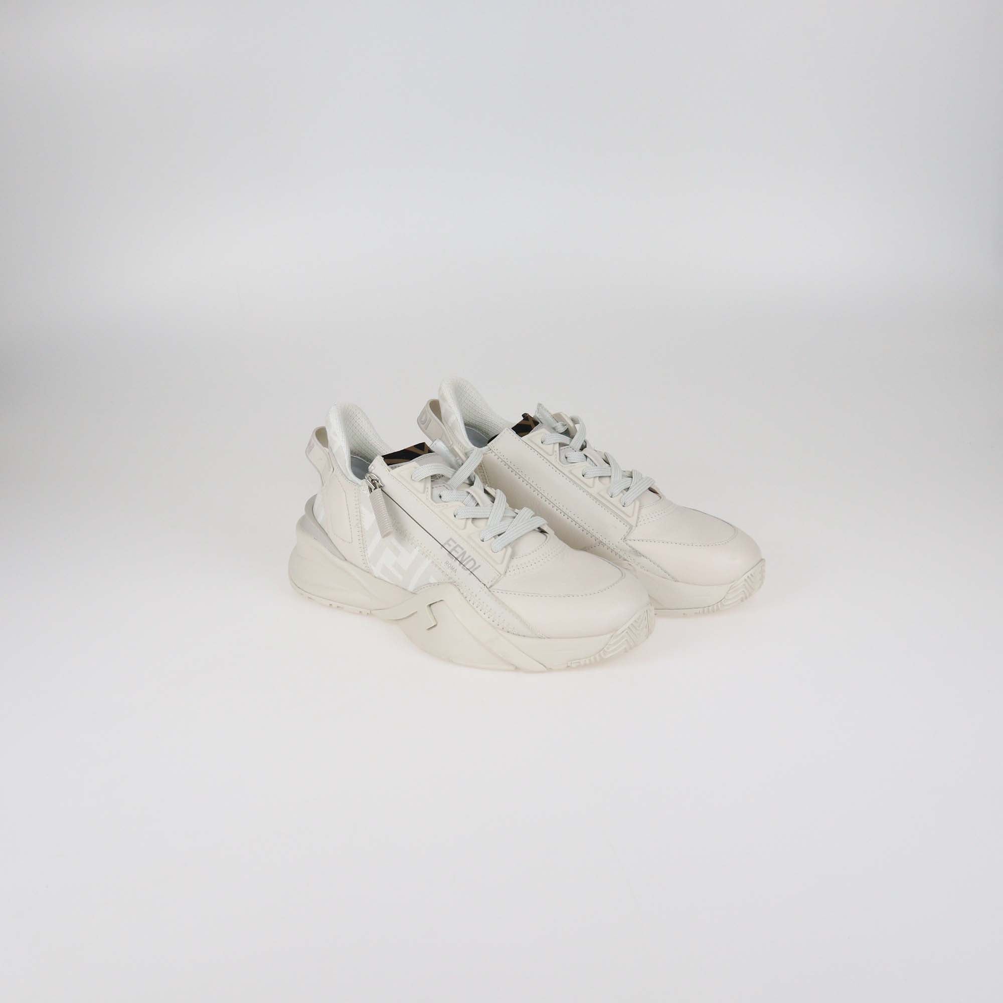 Fendi White FF Fabric and Leather Flow Low Top Sneakers