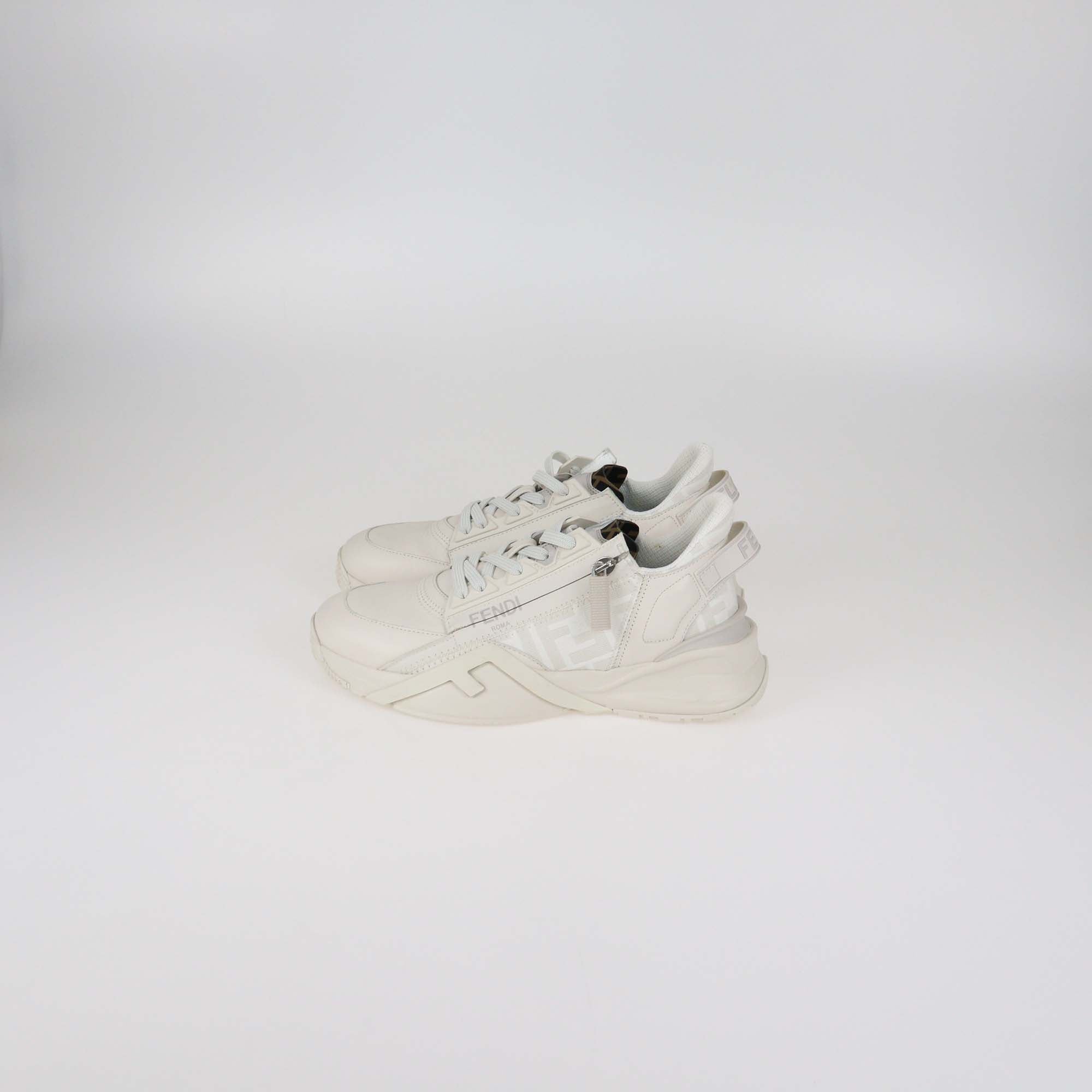 Fendi White FF Fabric and Leather Flow Low Top Sneakers