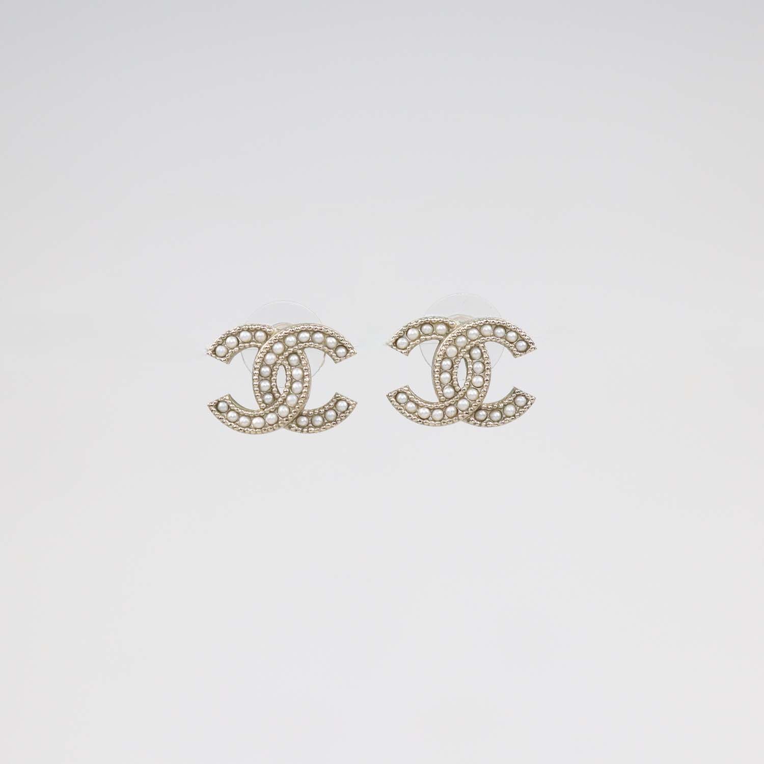 Chanel Pale Gold Tone Metal CC Faux Pearl Stud Earrings