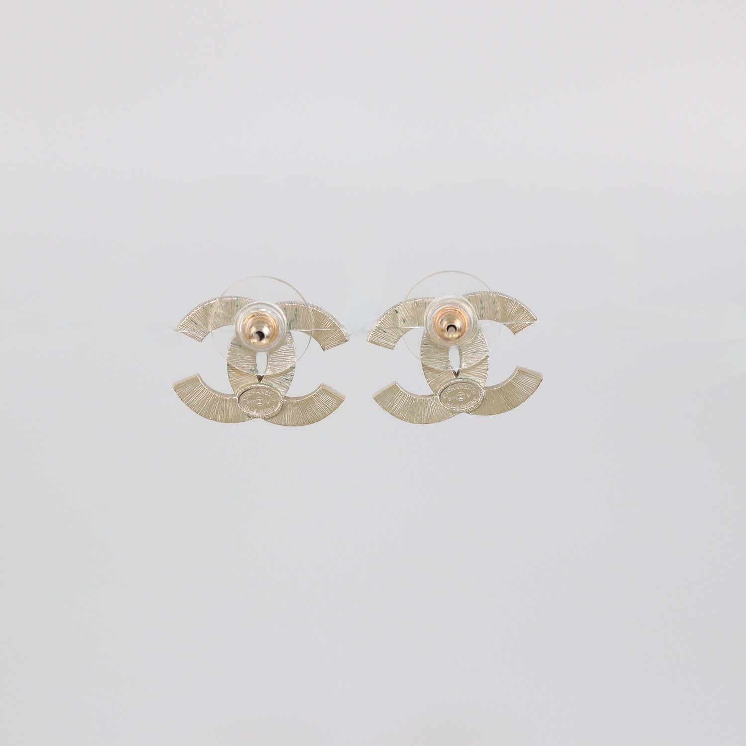Chanel Pale Gold Tone Metal CC Faux Pearl Stud Earrings
