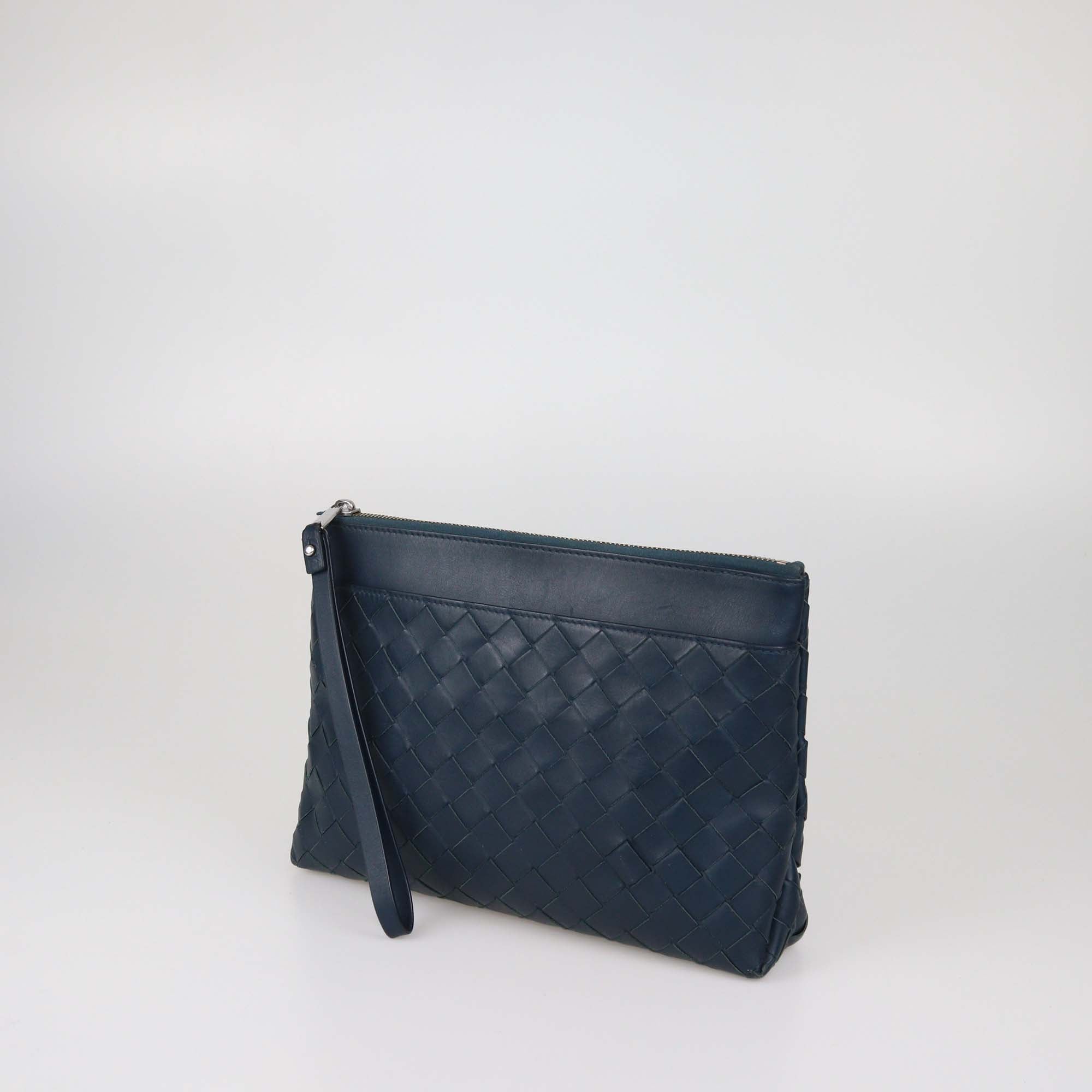 Bottega Veneta Dark Teal Blue Intrecciato Leather Prism Pouch