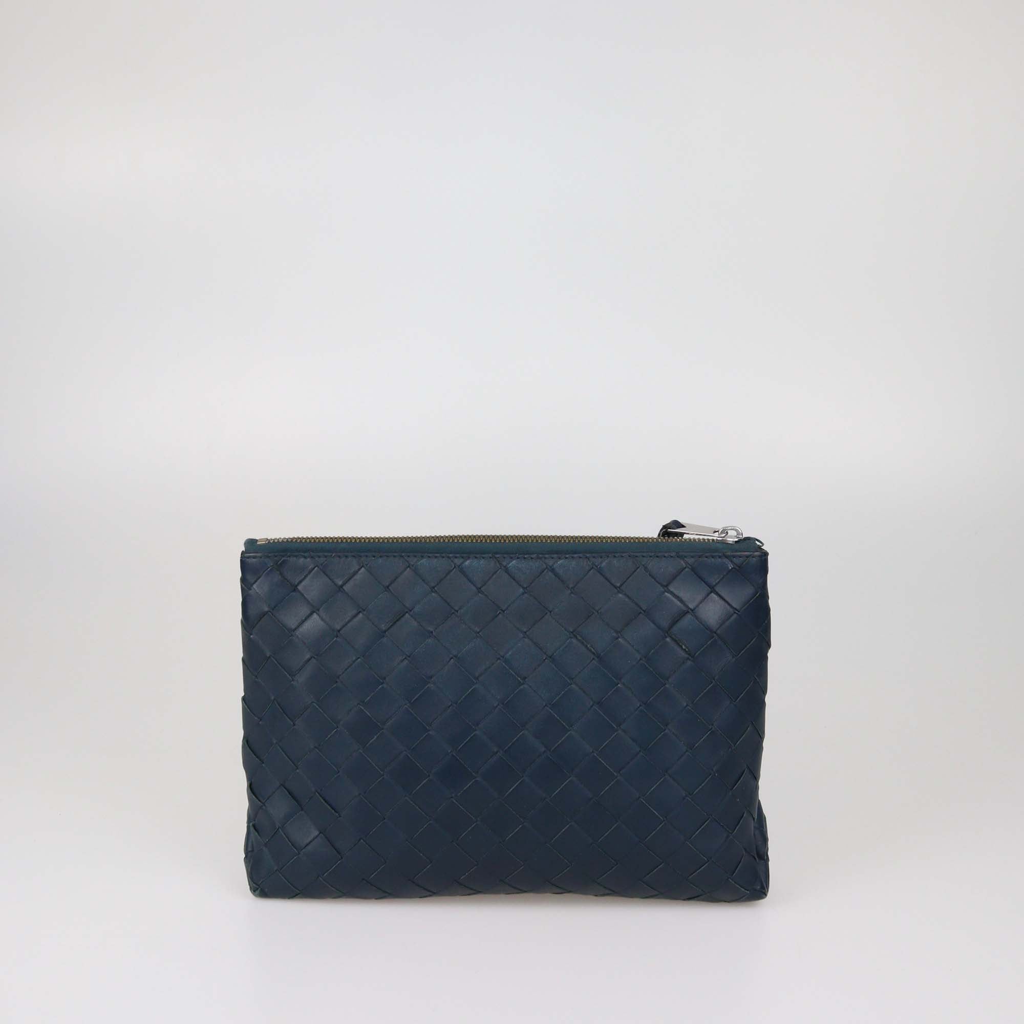 Bottega Veneta Dark Teal Blue Intrecciato Leather Prism Pouch