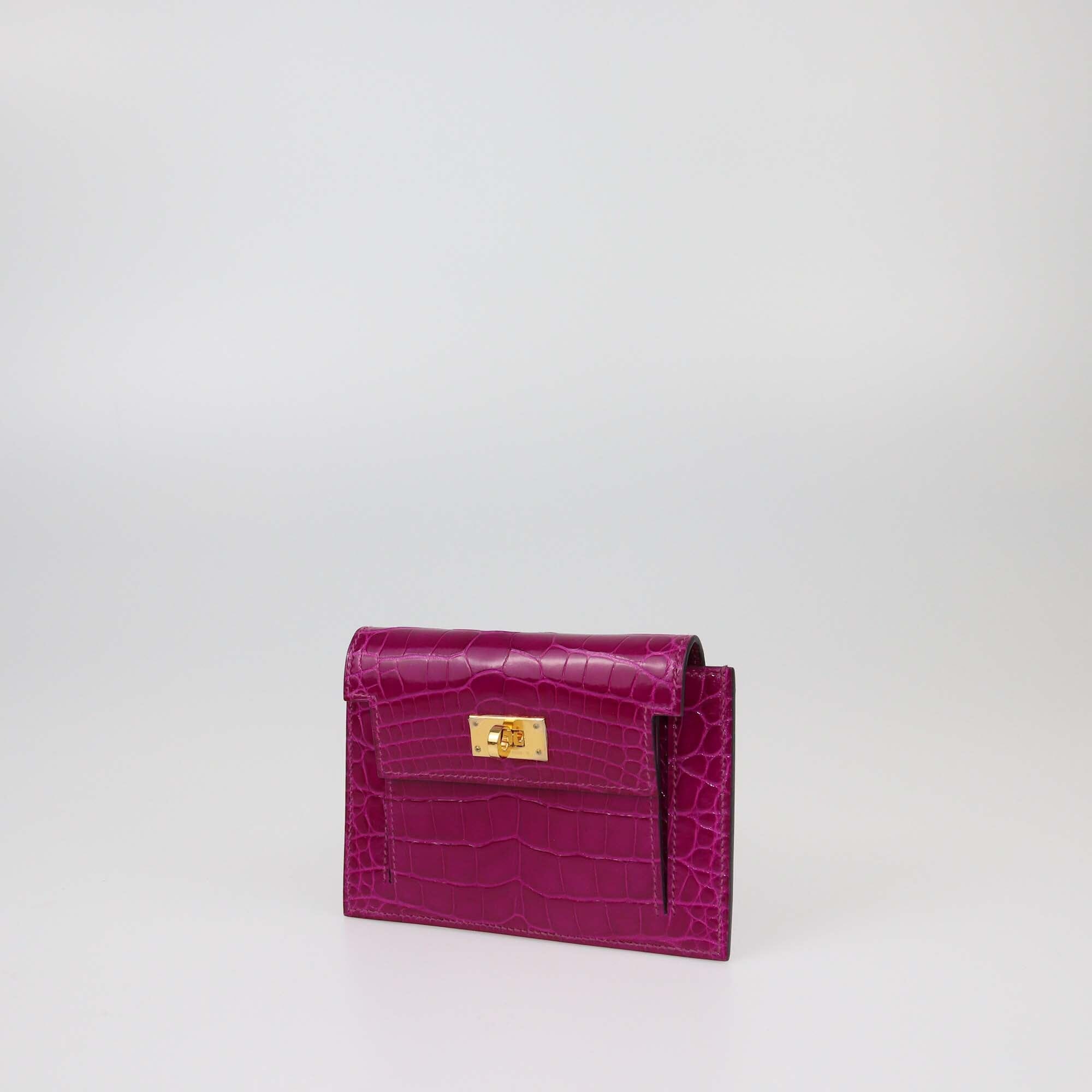 Hermes Rose Scheherazade Alligator Kelly Pocket Compact Wallet Womens Hermes