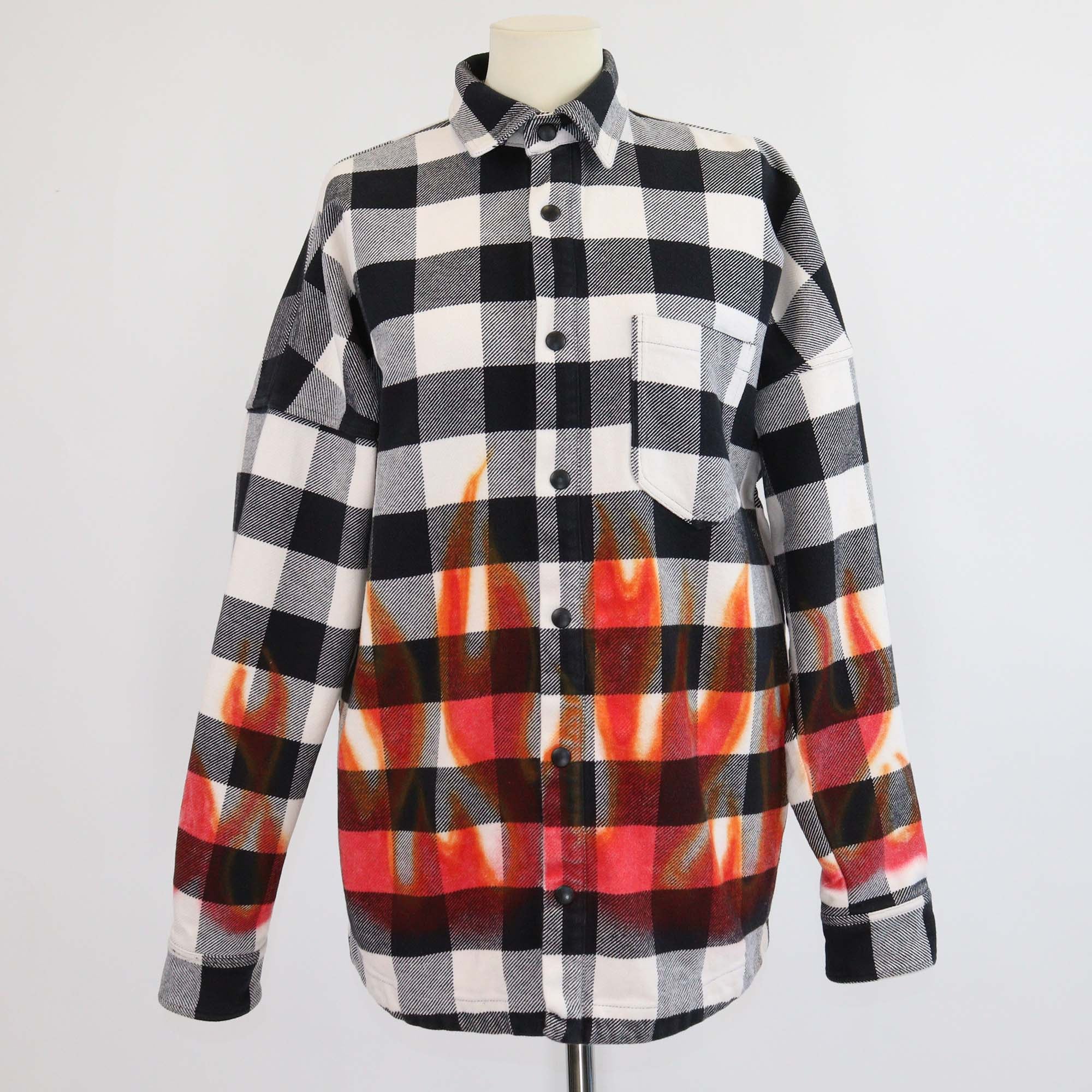 Palm Angels Black/White Cotton Checkered Burning Flame Print Overshirt