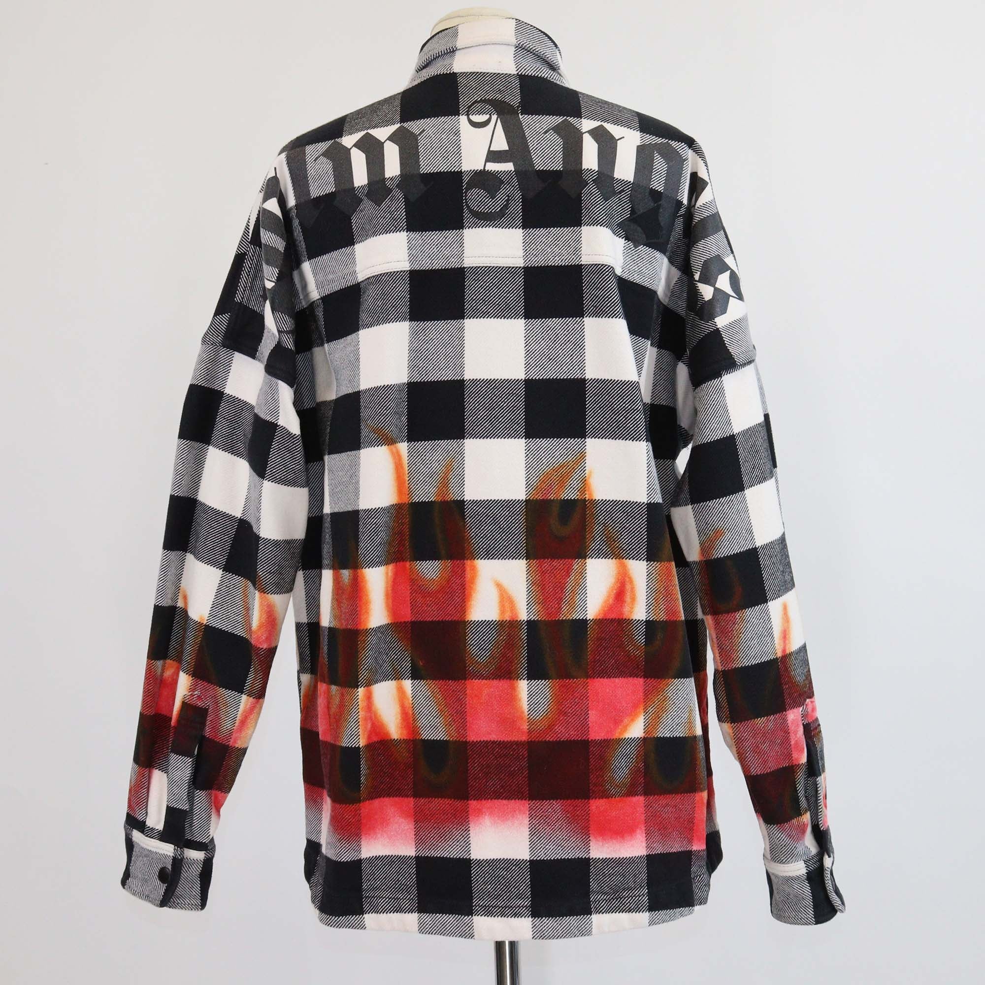 Palm Angels Black/White Cotton Checkered Burning Flame Print Overshirt