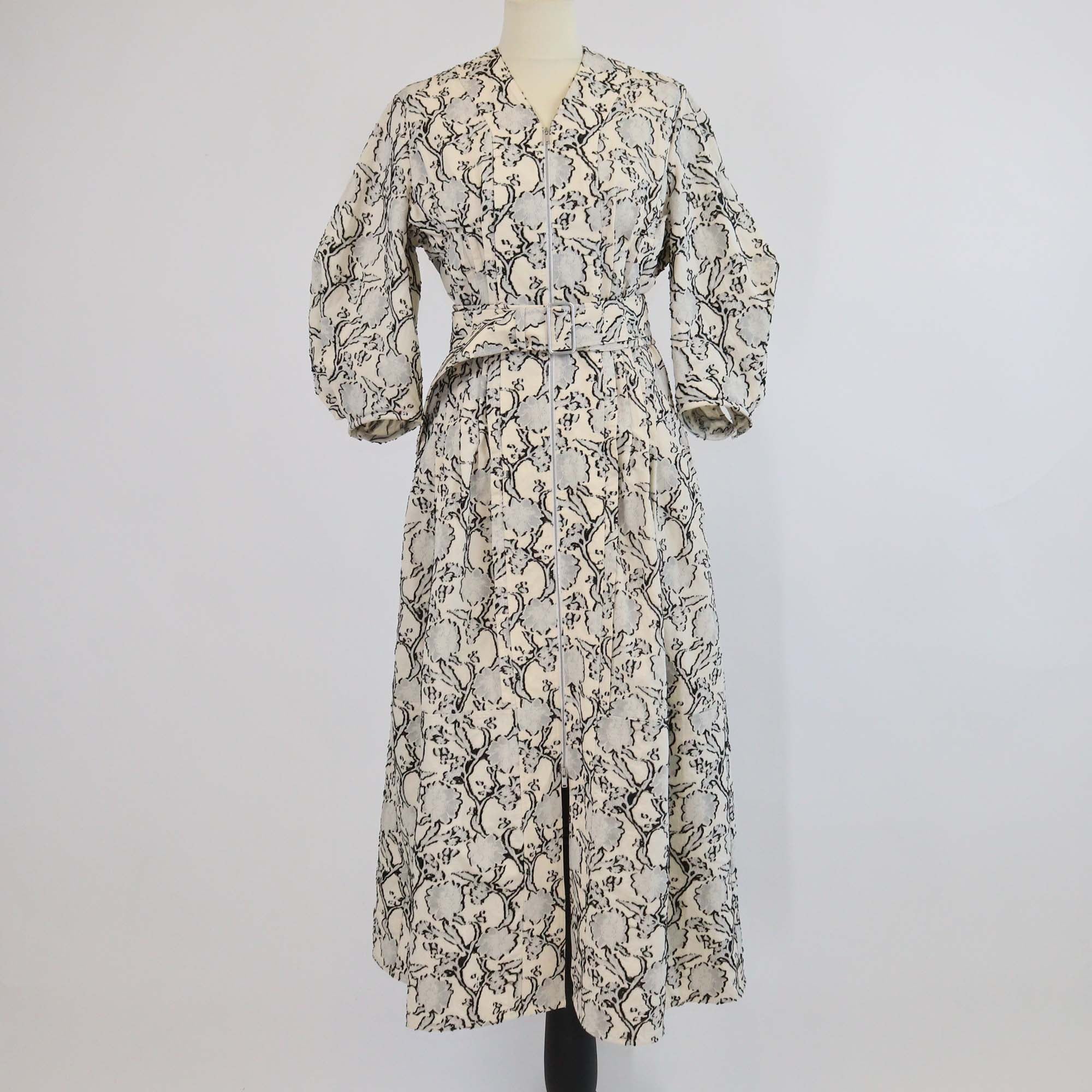 Jil Sander Cream/Black Cotton Blended Floral Textured Belted Midi Dress