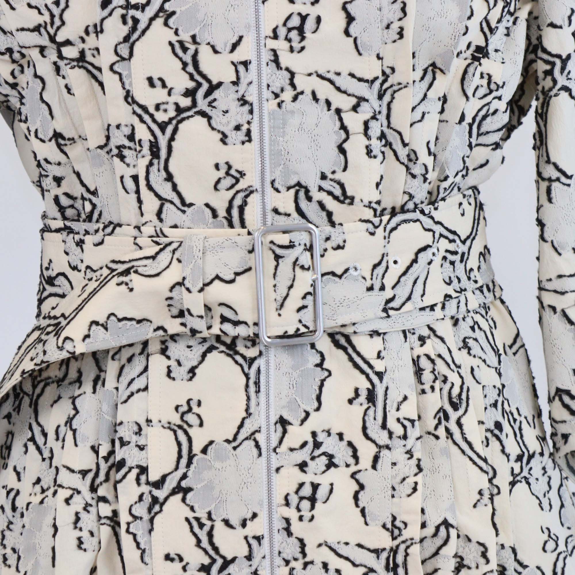 Jil Sander Cream/Black Cotton Blended Floral Textured Belted Midi Dress