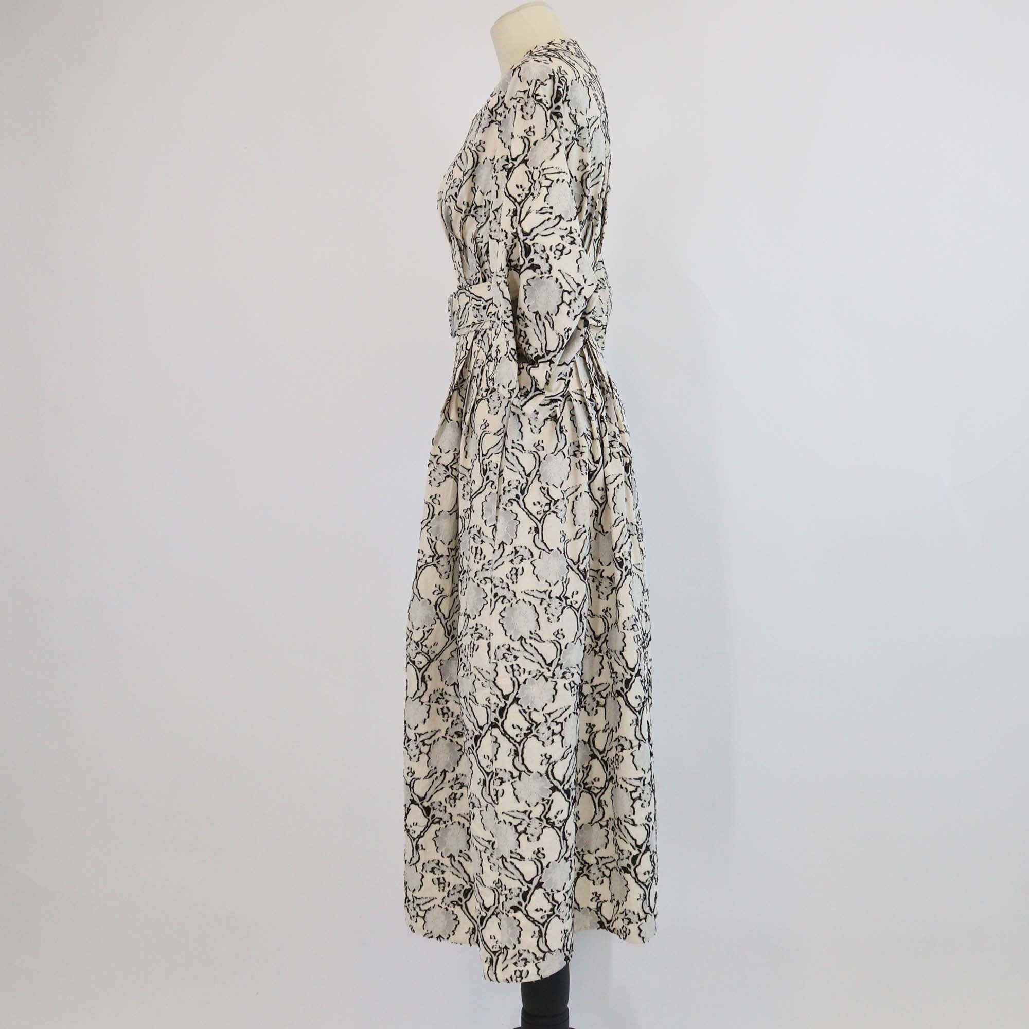 Jil Sander Cream/Black Cotton Blended Floral Textured Belted Midi Dress