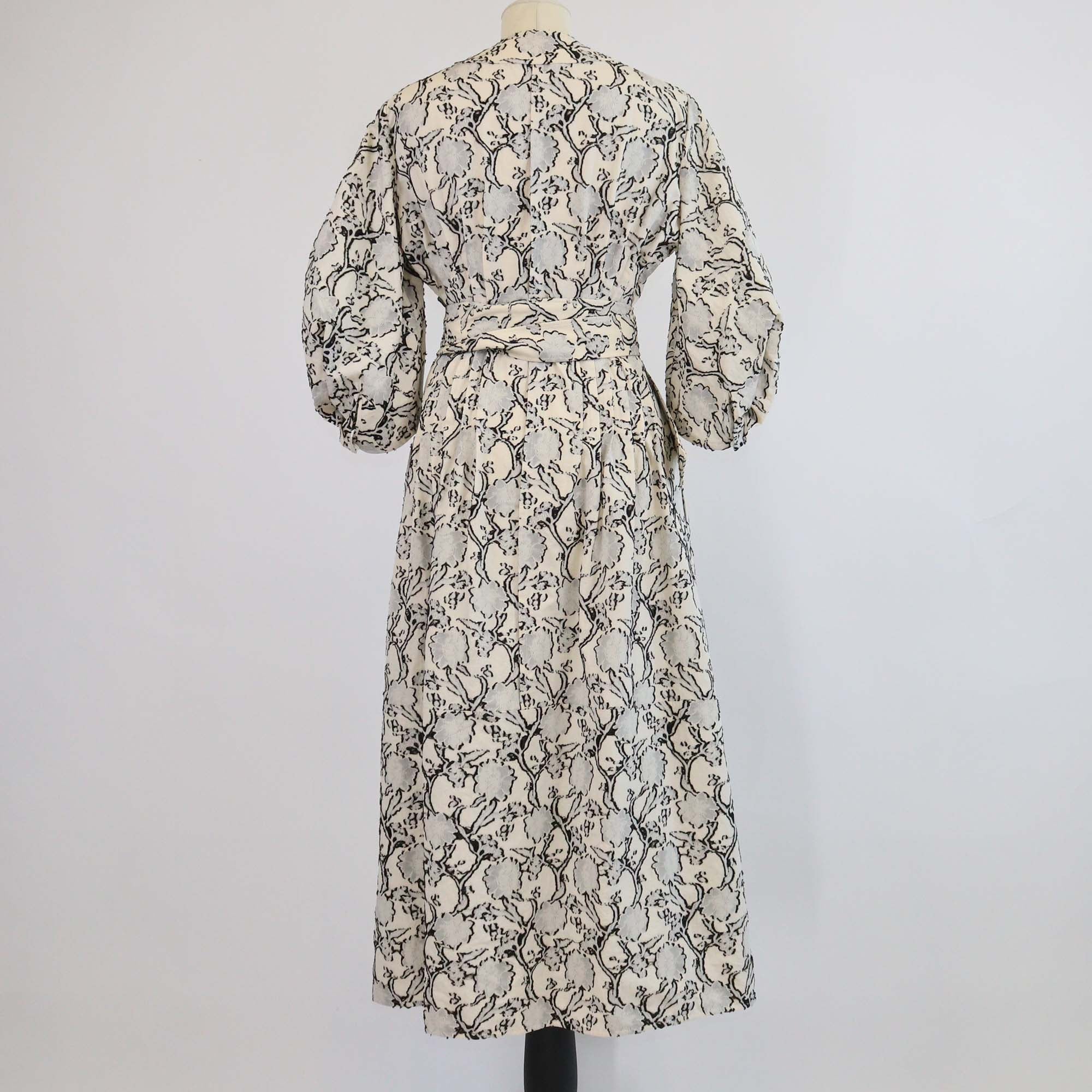 Jil Sander Cream/Black Cotton Blended Floral Textured Belted Midi Dress