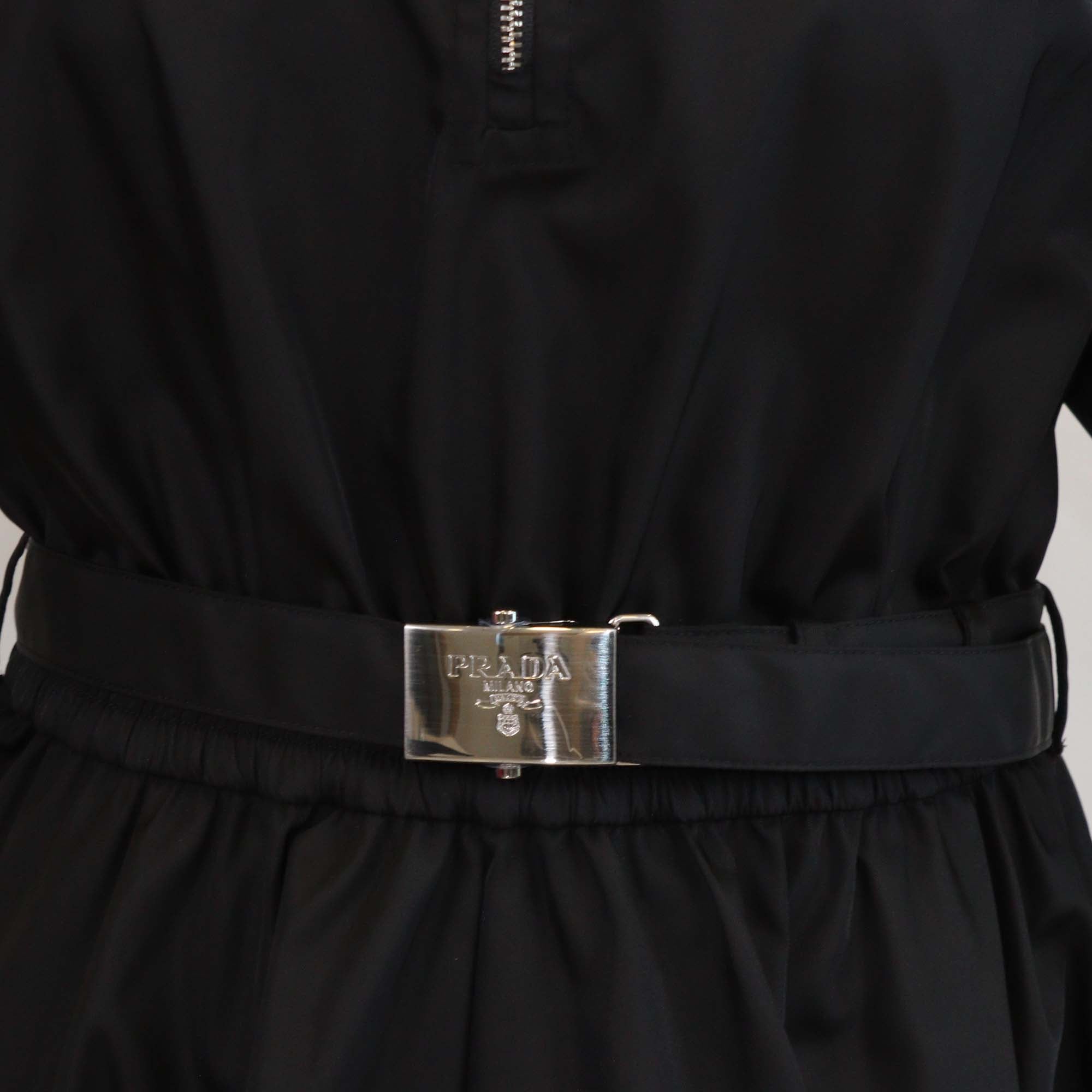 Prada Black Renylon Short Sleeve Belted Midi Dress