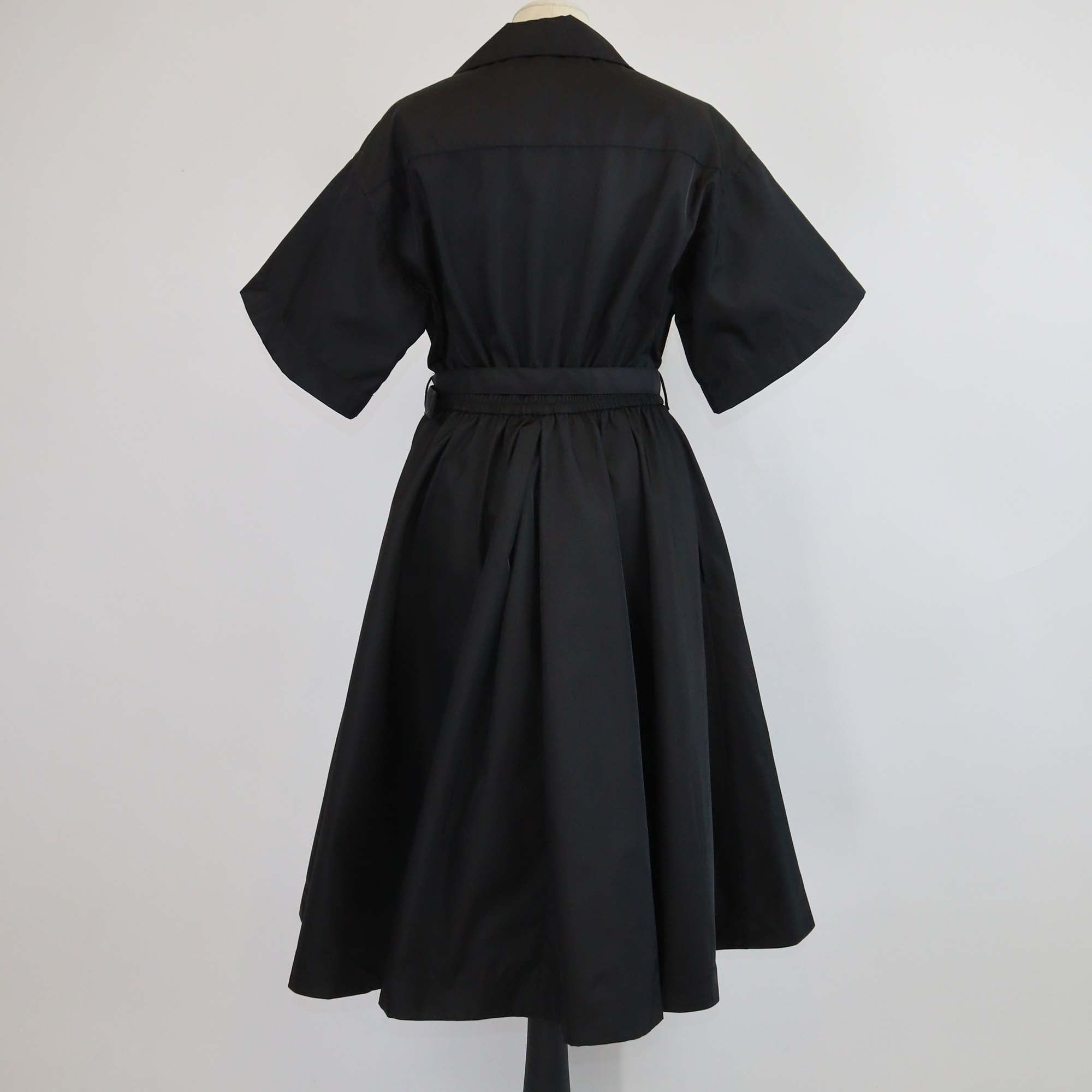 Prada Black Renylon Short Sleeve Belted Midi Dress