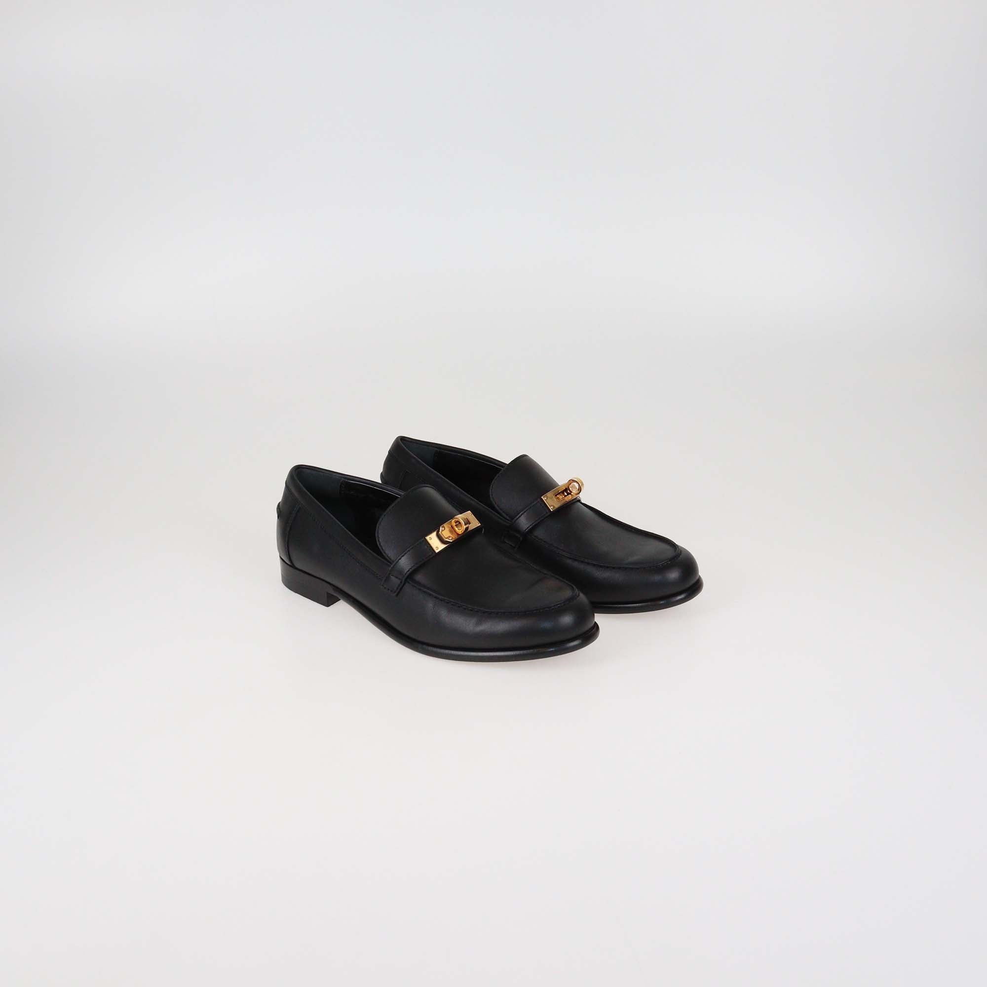 Hermes Black Leather Destin Loafers