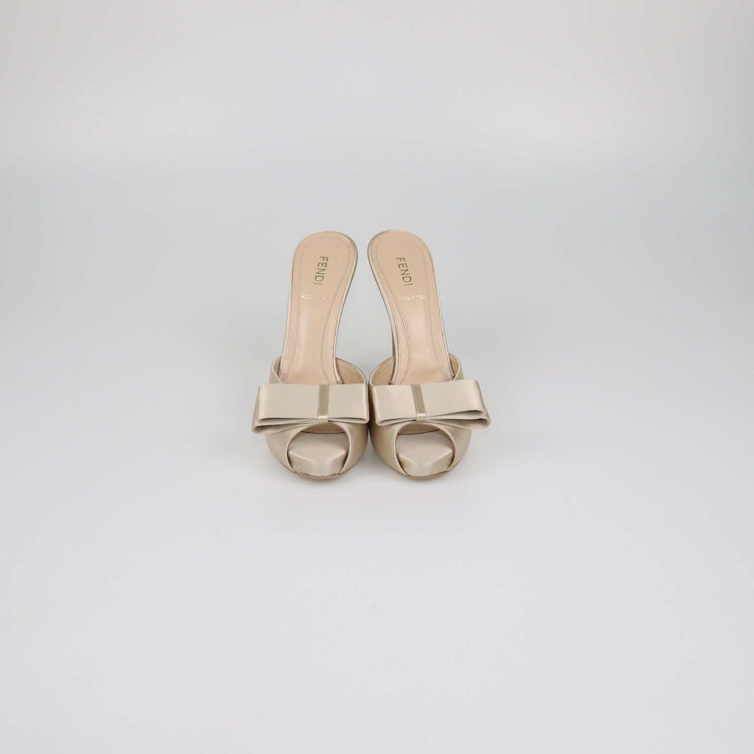 Fendi Metallic Beige Satin Bow Peep Toe Platform Sandals
