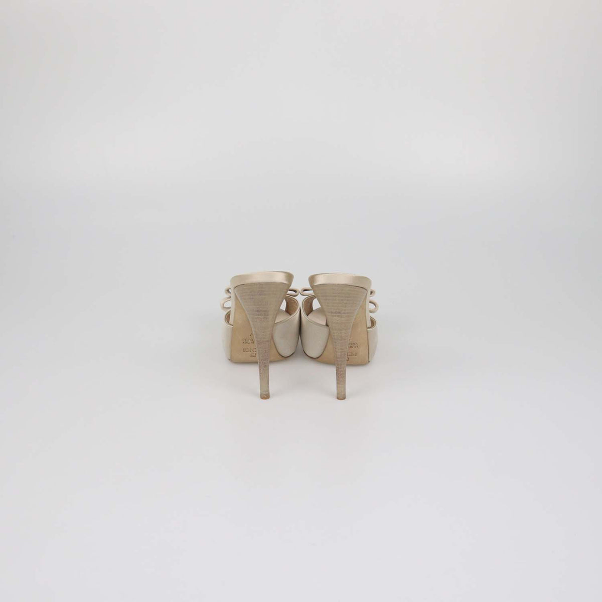 Fendi Metallic Beige Satin Bow Peep Toe Platform Sandals