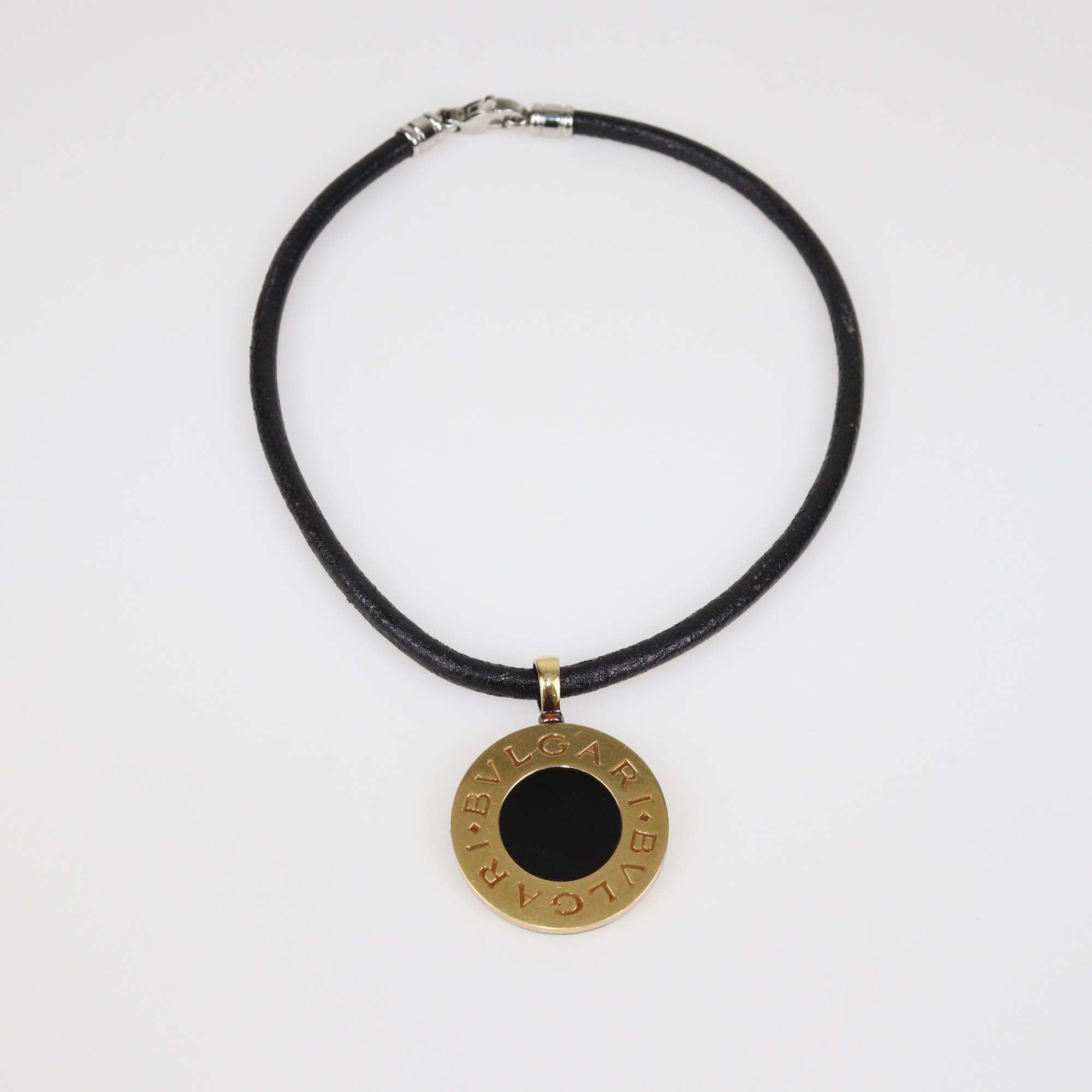 Bvlgari Black Onyx 18K Yellow Gold Stainless Steel Reversible Pendant Leather Cord Necklace