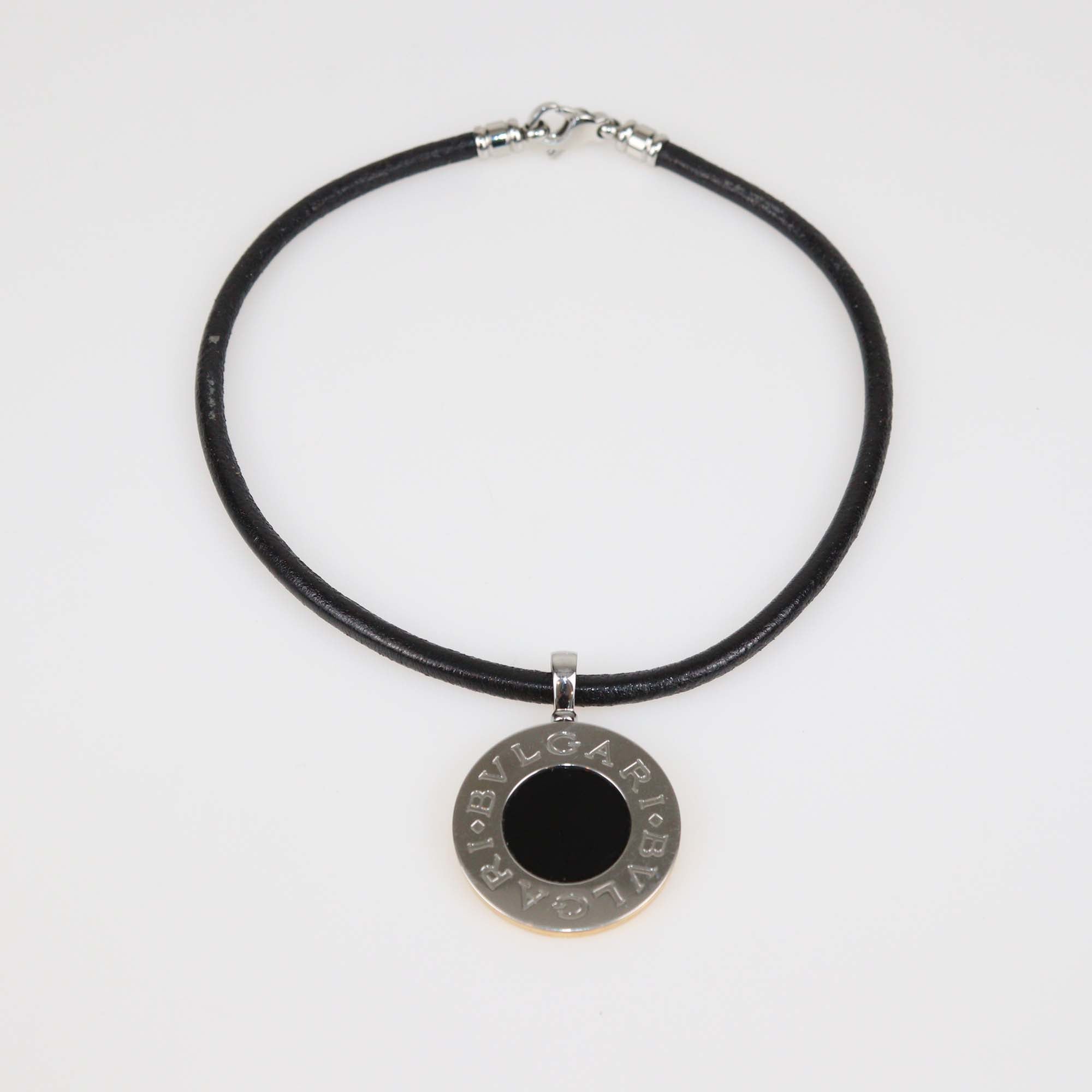 Bvlgari Black Onyx 18K Yellow Gold Stainless Steel Reversible Pendant Leather Cord Necklace