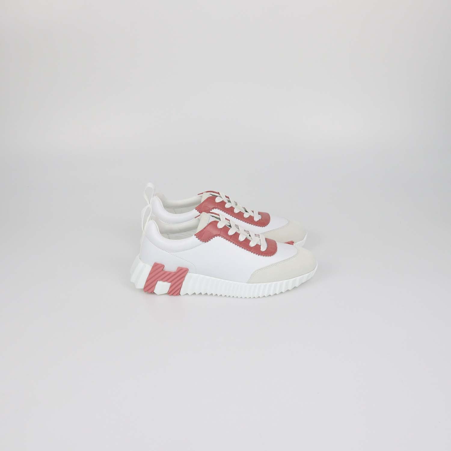 Hermes Blanc / Rose De Venise Leather and Crocodile Bouncing Sneakers