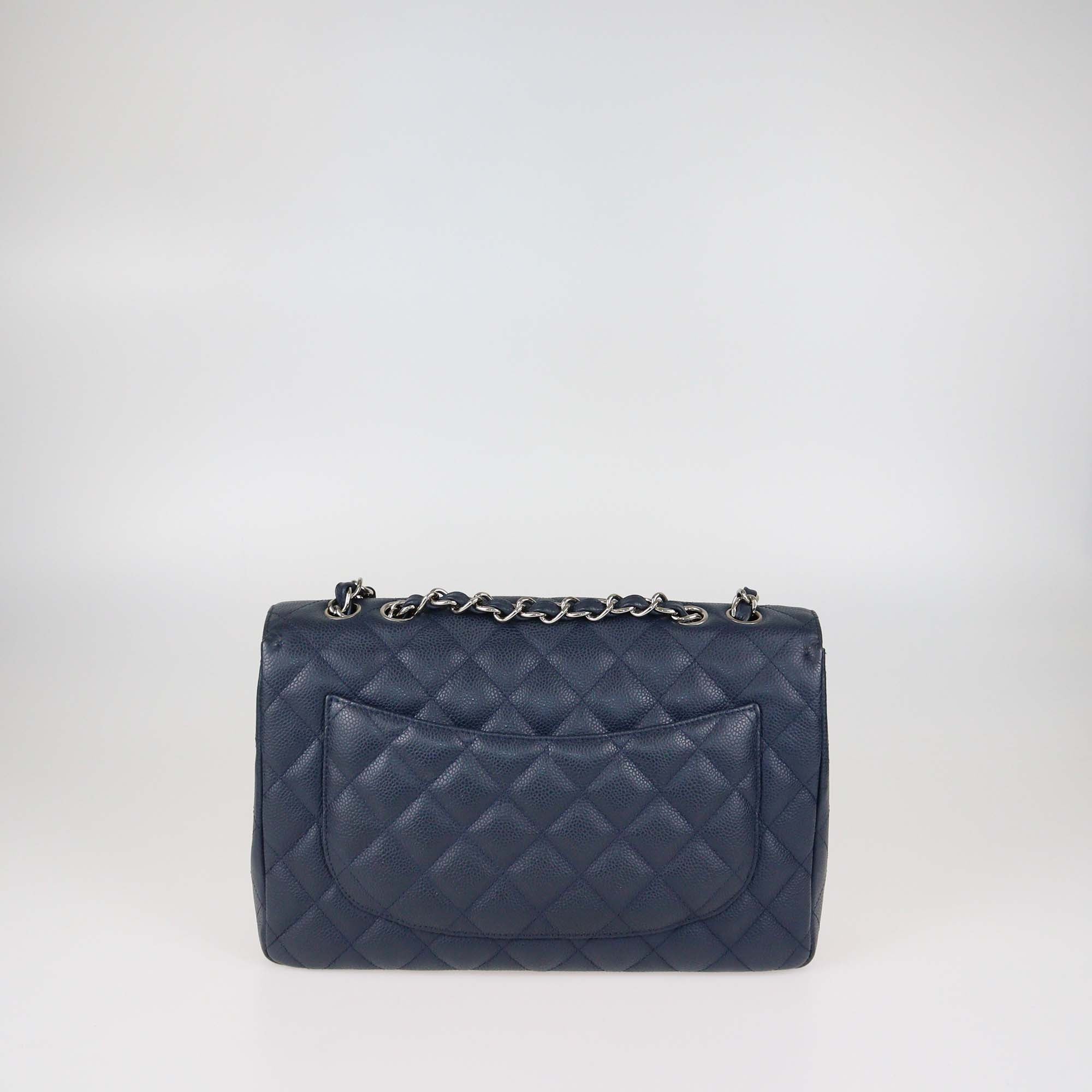 Chanel Navy Blue Quilted Caviar Leather Jumbo Classic Single Flap Bag