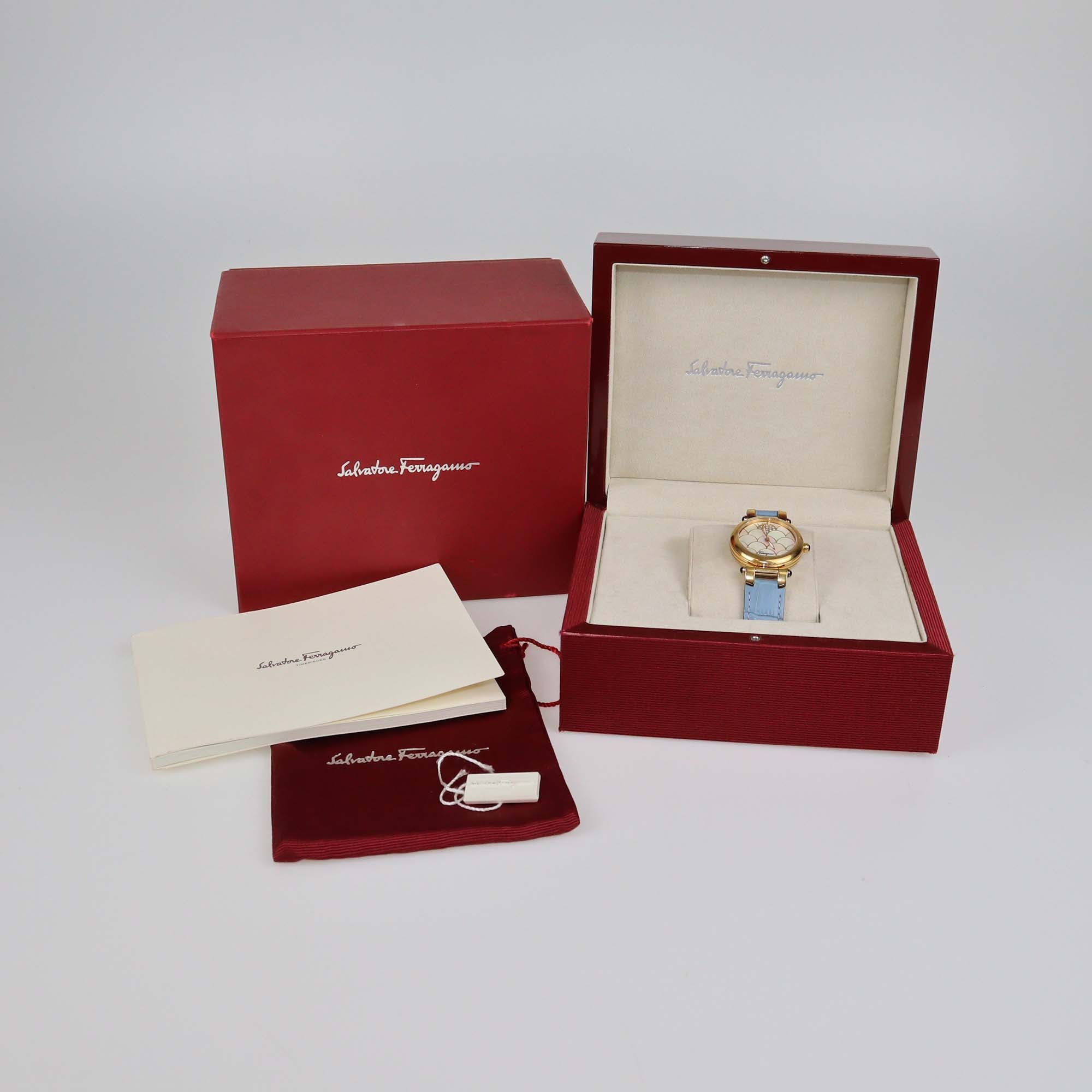 Salvatore Ferragamo Mother Of Pearl Diamond Gold Plated Stainless Steel Alligator Leather Idillio Watch 34 mm