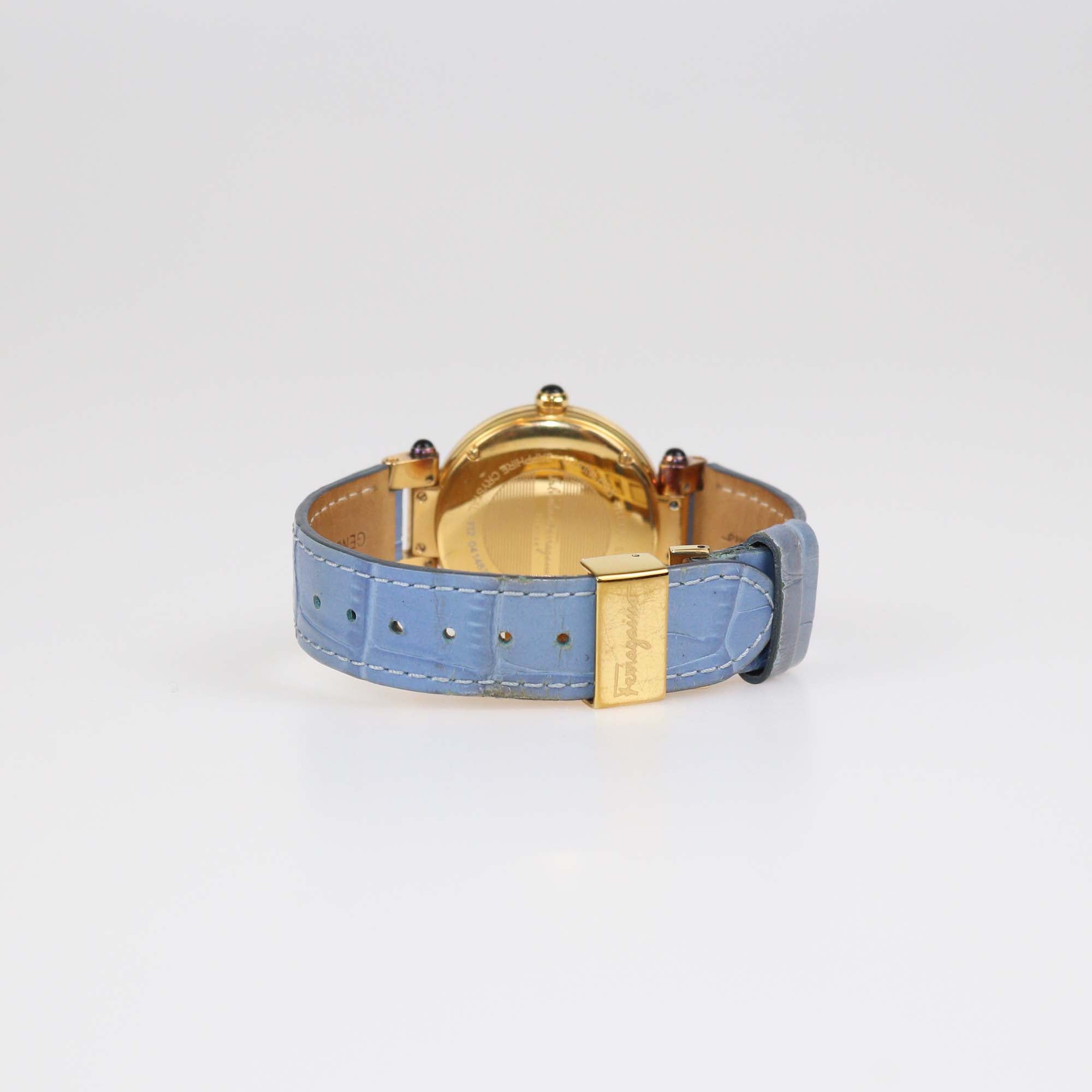 Salvatore Ferragamo Mother Of Pearl Diamond Gold Plated Stainless Steel Alligator Leather Idillio Watch 34 mm