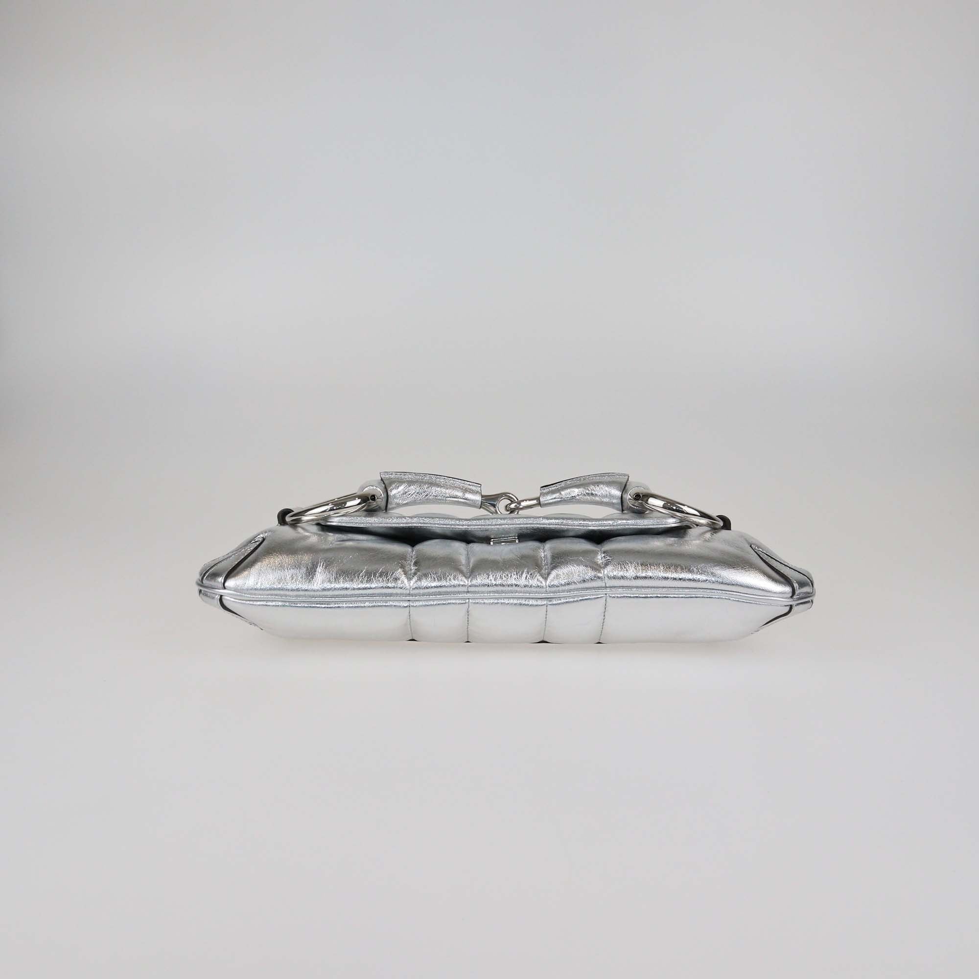 Gucci Silver Leather Medium Horsebit Chain Shoulder Bag