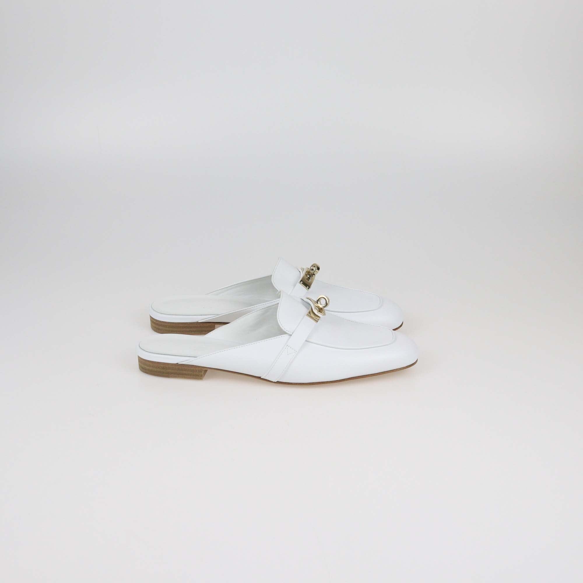 Hermes White Leather OZ Mules Womens Hermes