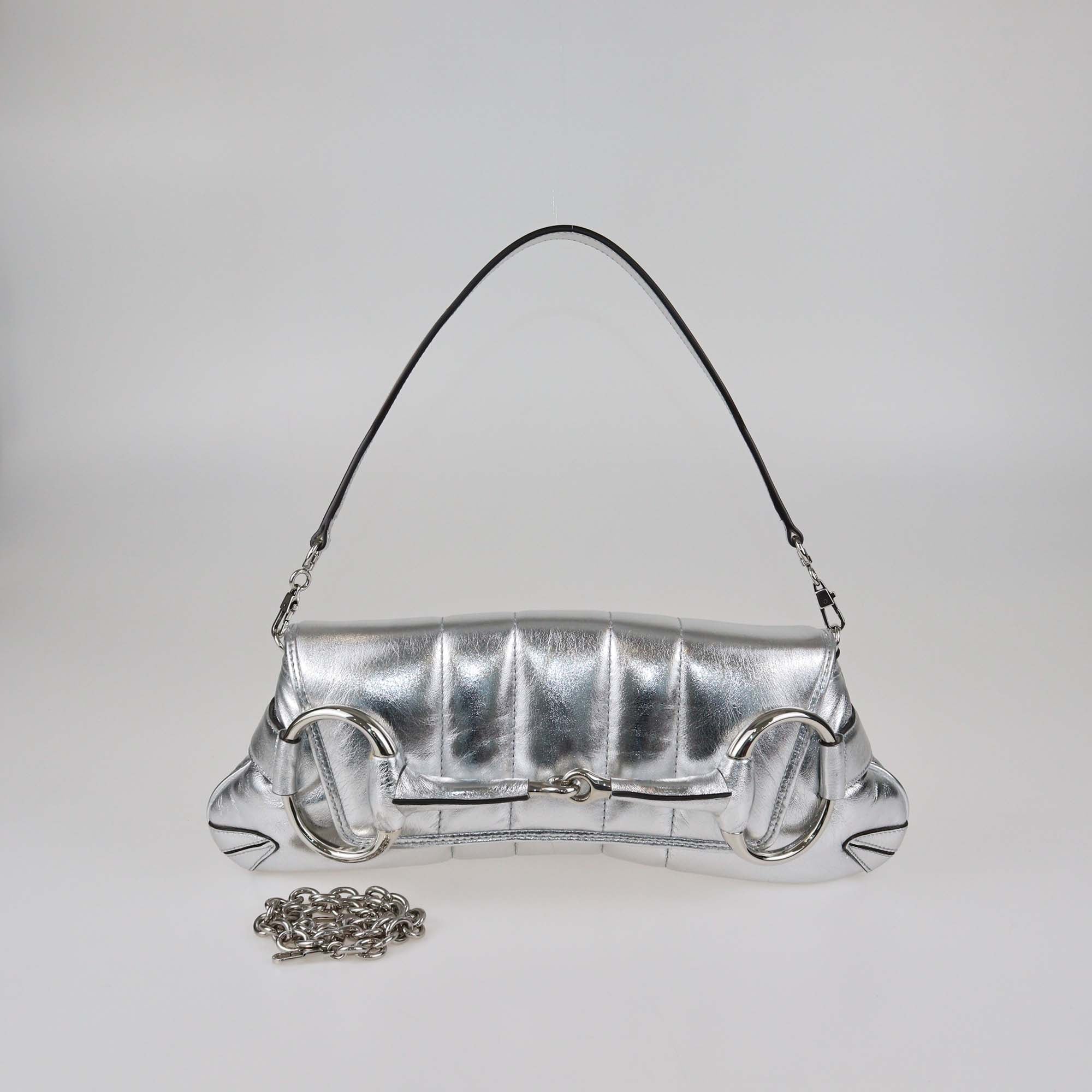 Gucci Silver Leather Medium Horsebit Chain Shoulder Bag