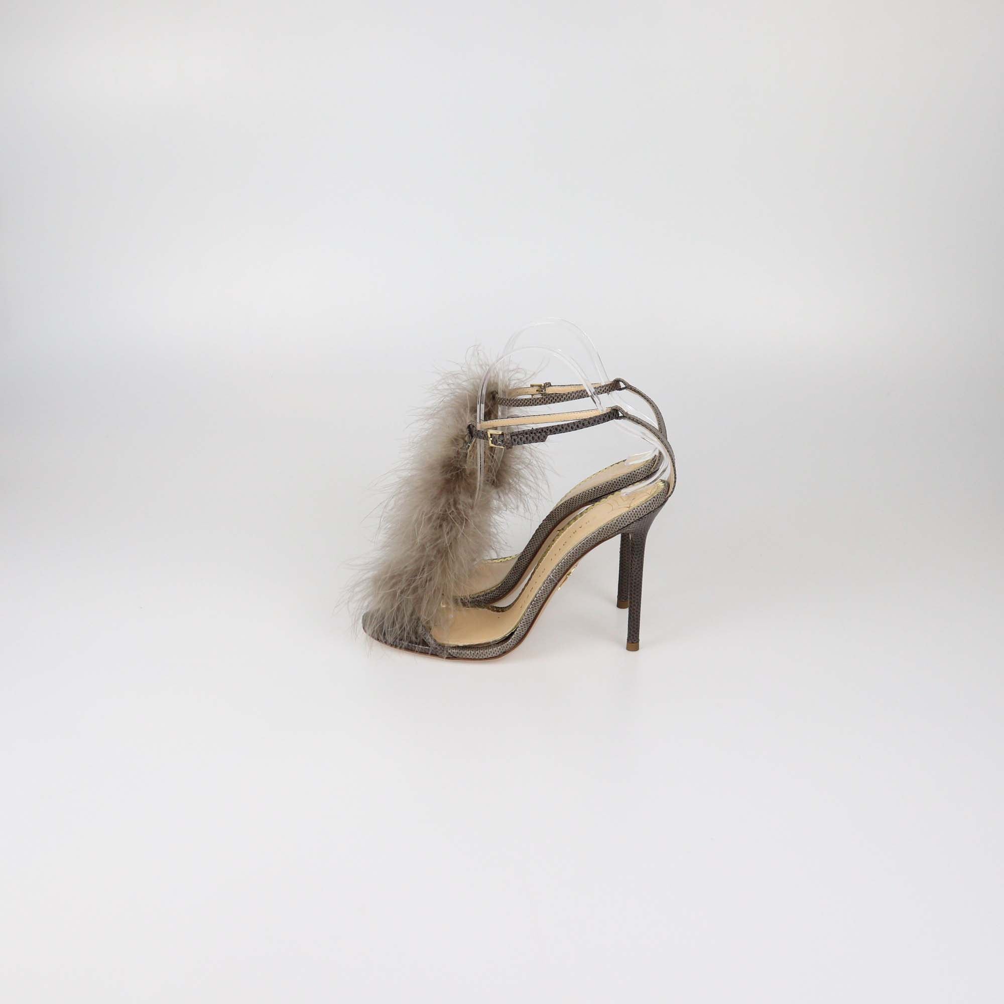 Charlotte Olympia Grey Lizard and Feather Ankle Strap Sandals
