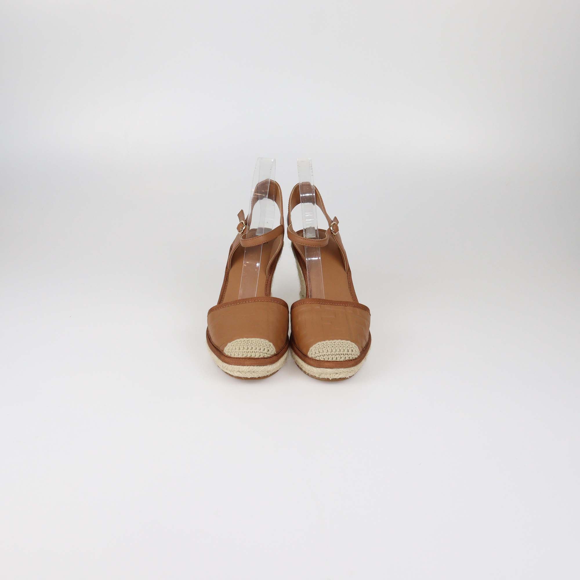 Fendi Brown FF Embossed Leather Espadrille Ankle Strap Wedge Sandals