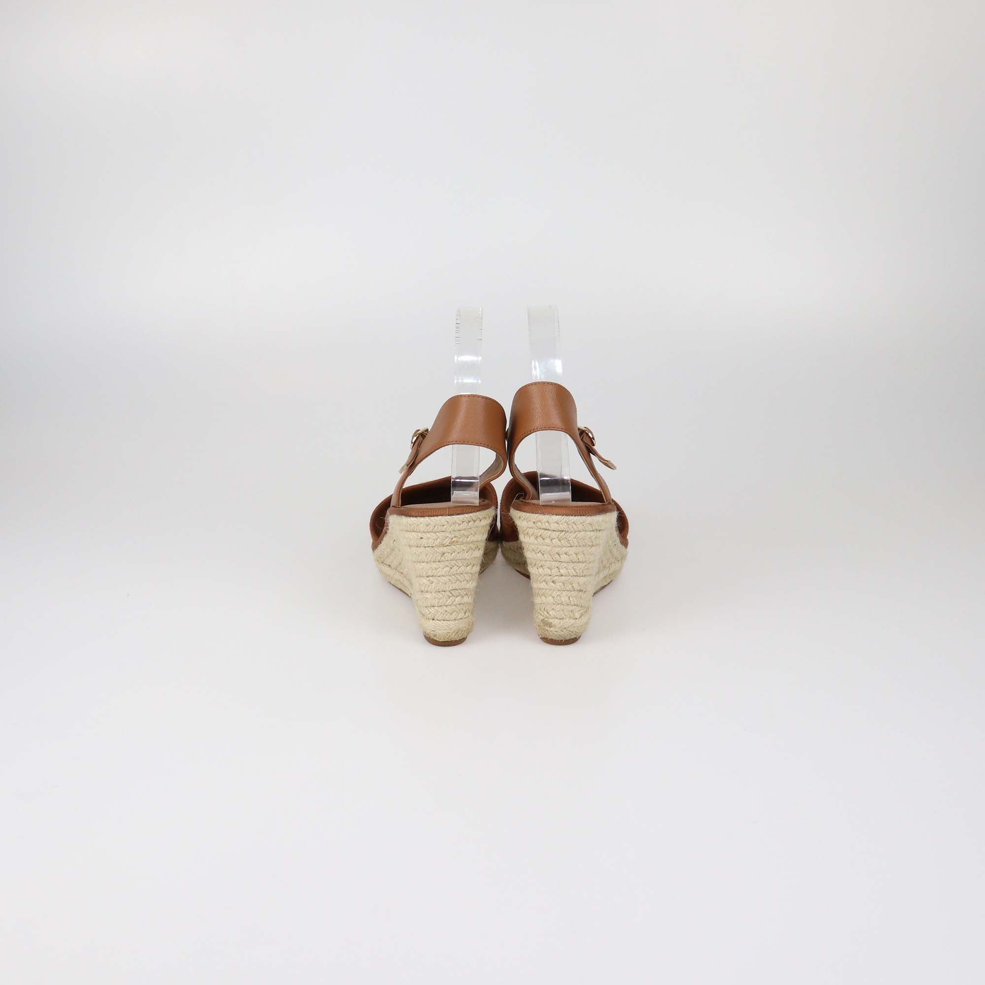 Fendi Brown FF Embossed Leather Espadrille Ankle Strap Wedge Sandals