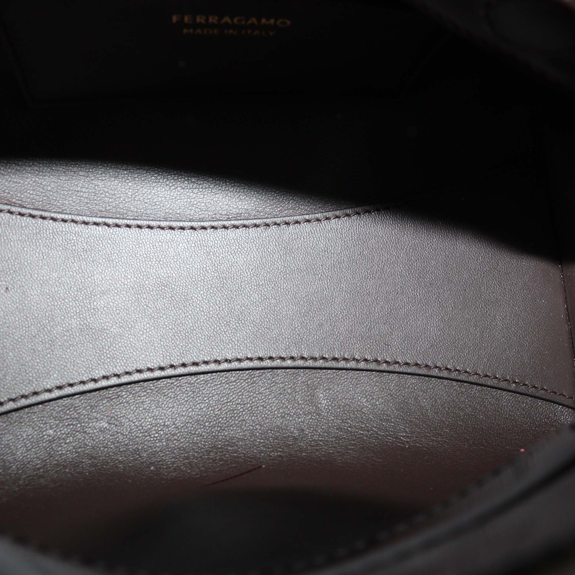 Ferragamo Dark Brown Glossy Leather and Feather XS Hug Soft Crossbody Bag