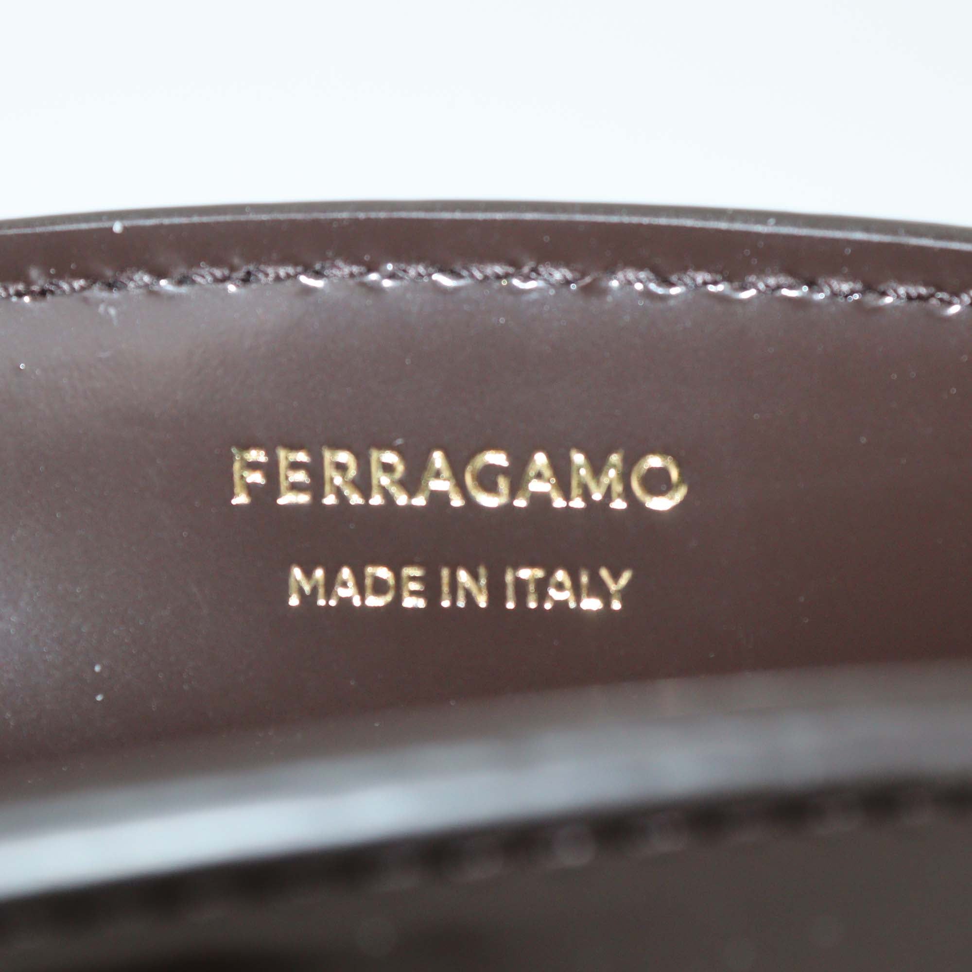 Ferragamo Dark Brown Glossy Leather and Feather XS Hug Soft Crossbody Bag