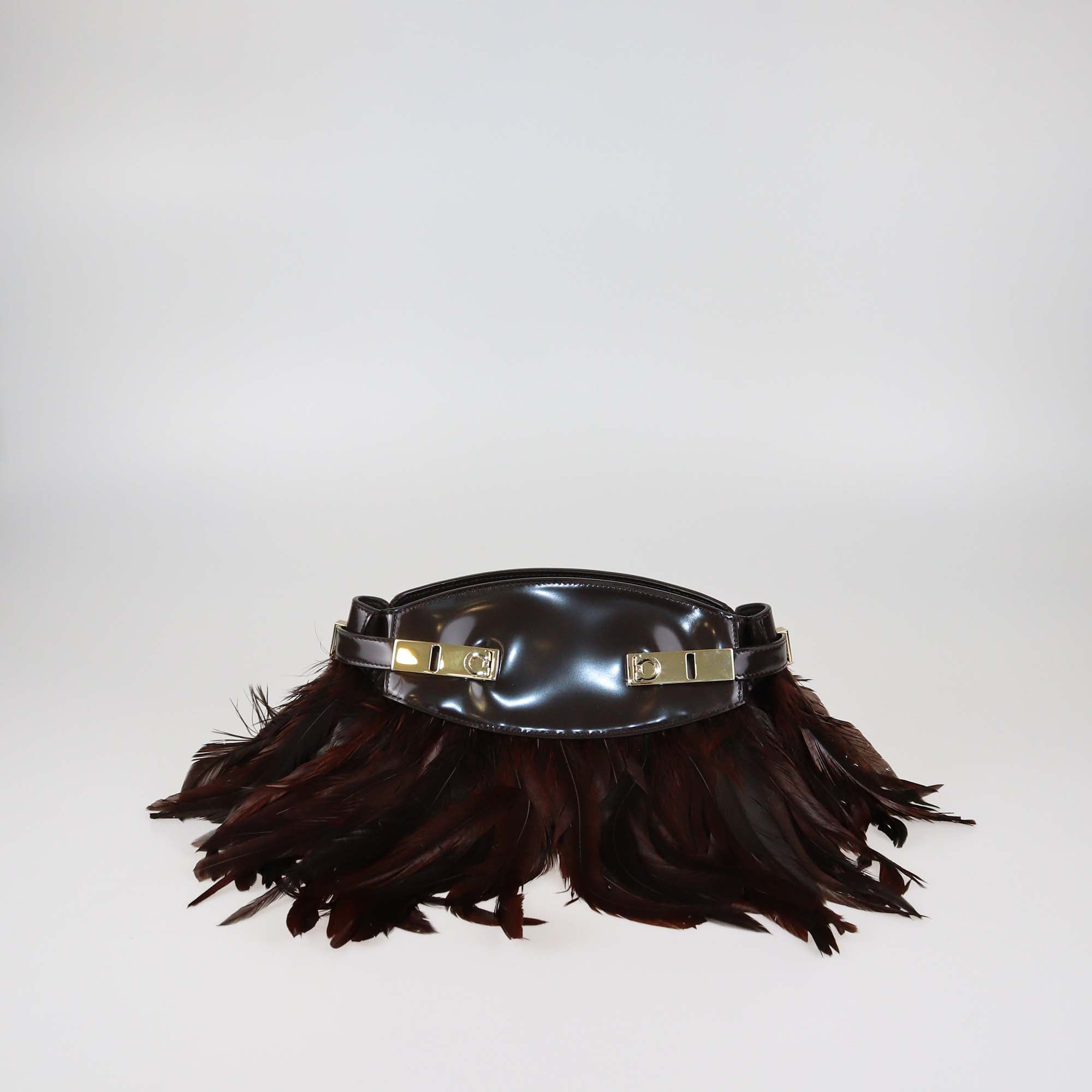 Ferragamo Dark Brown Glossy Leather and Feather XS Hug Soft Crossbody Bag