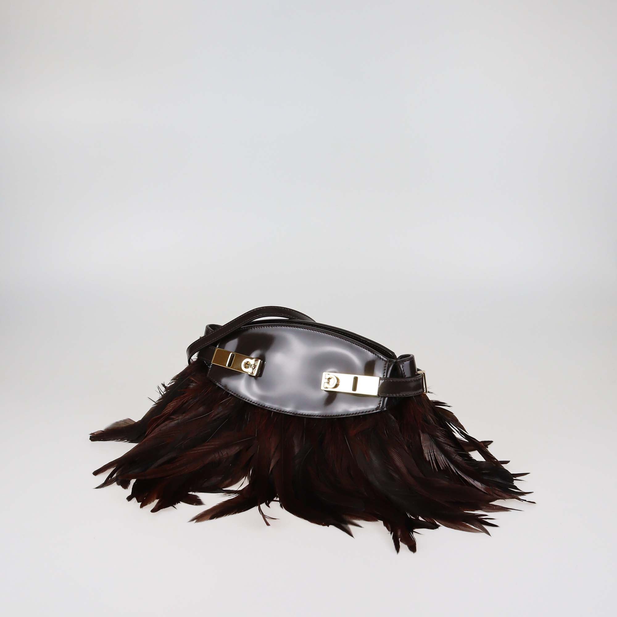 Ferragamo Dark Brown Glossy Leather and Feather XS Hug Soft Crossbody Bag