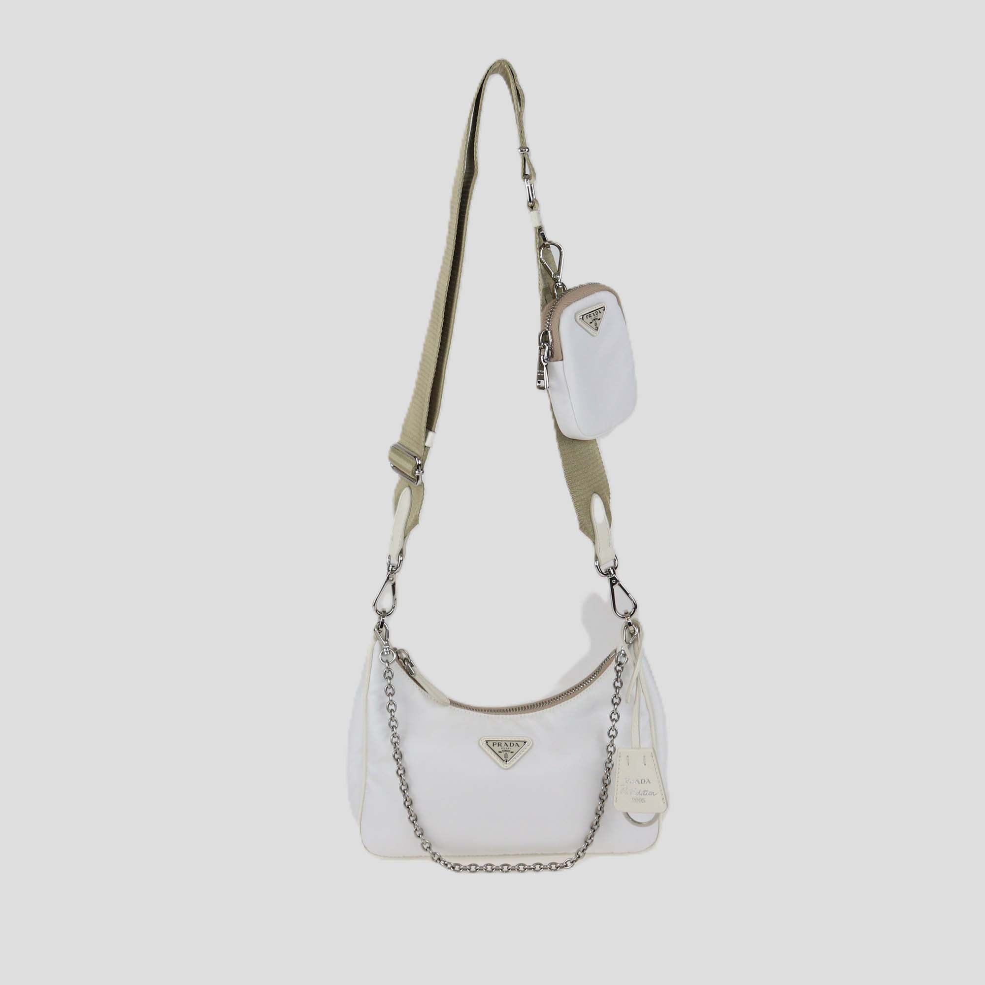 Prada White Re-Nylon and Saffiano Leather Re-Edition 2005 Baguette Bag