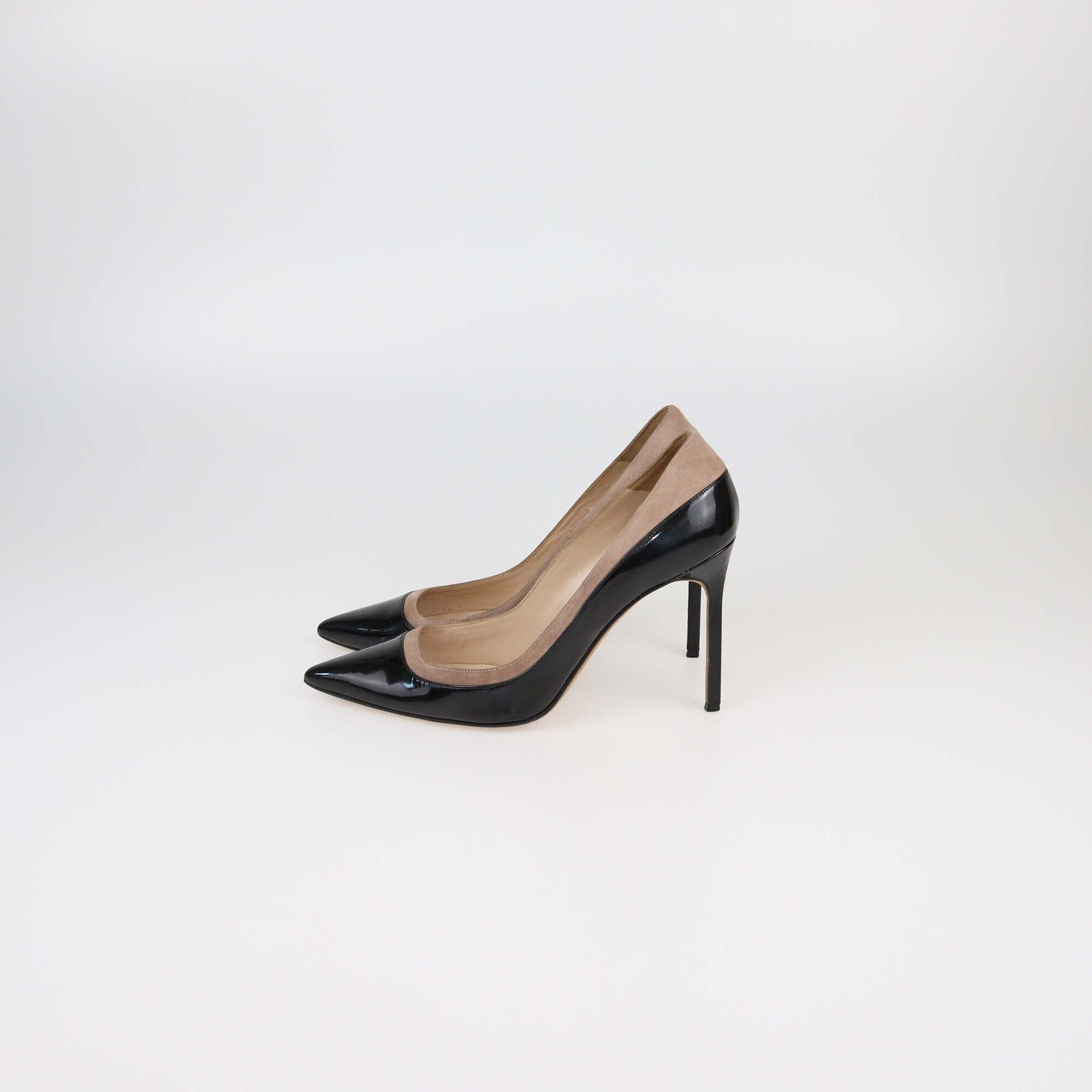 Manolo Blahnik Black/Beige Patent Pointed Toe Pumps Womens Manolo Blahnik