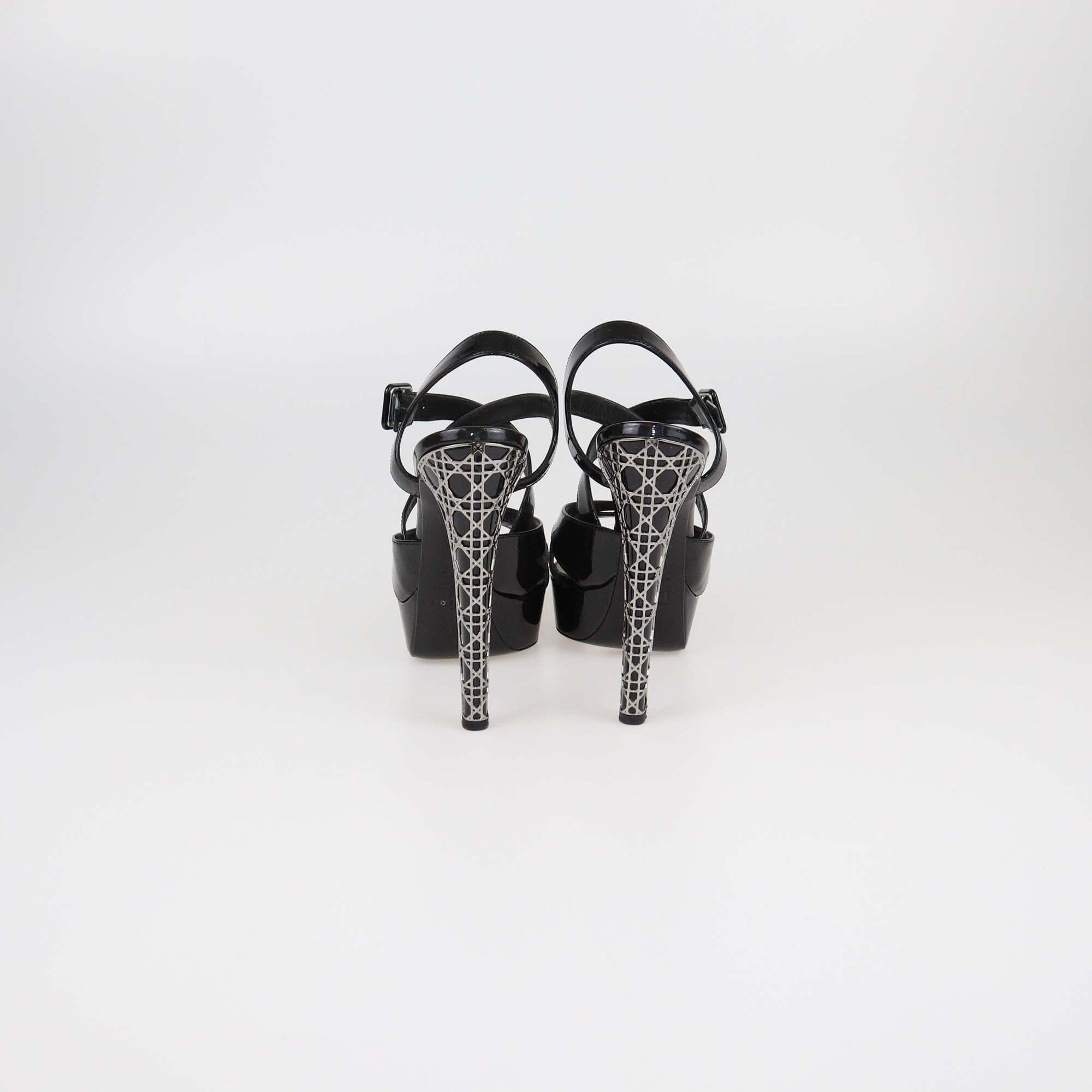 Christian Dior Black Patent Cannage Heel Platform Sandals Womens Christian Dior