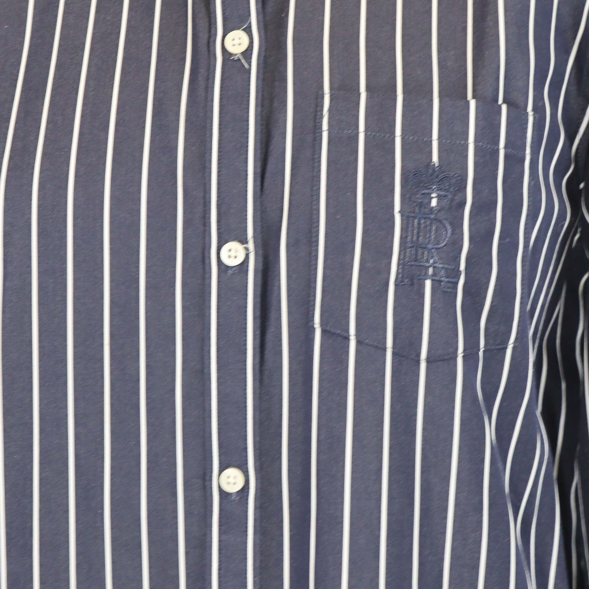 Lauren Ralph Lauren Navy Blue/White Cotton Striped Embroidered Long Sleeve Shirt