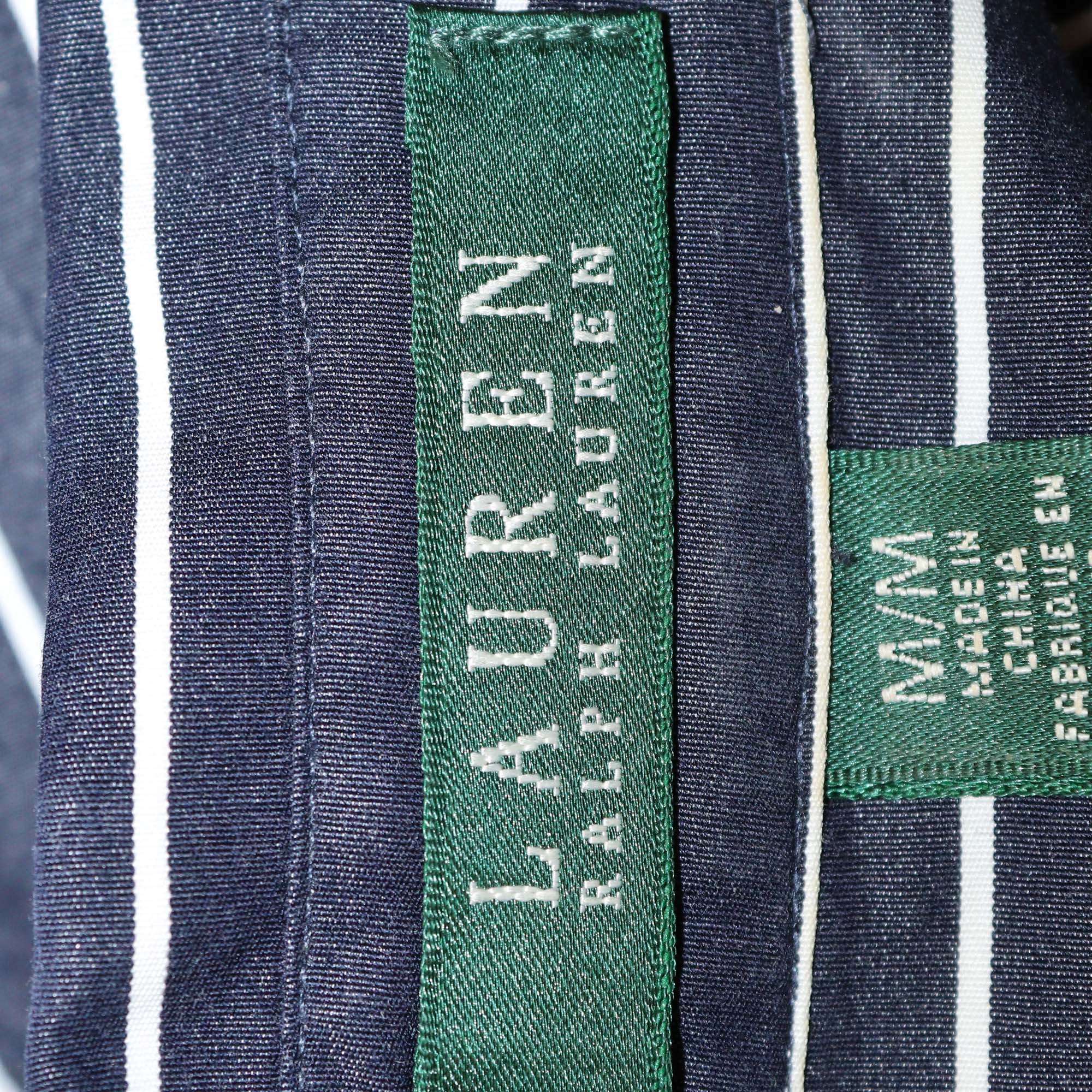Lauren Ralph Lauren Navy Blue/White Cotton Striped Embroidered Long Sleeve Shirt