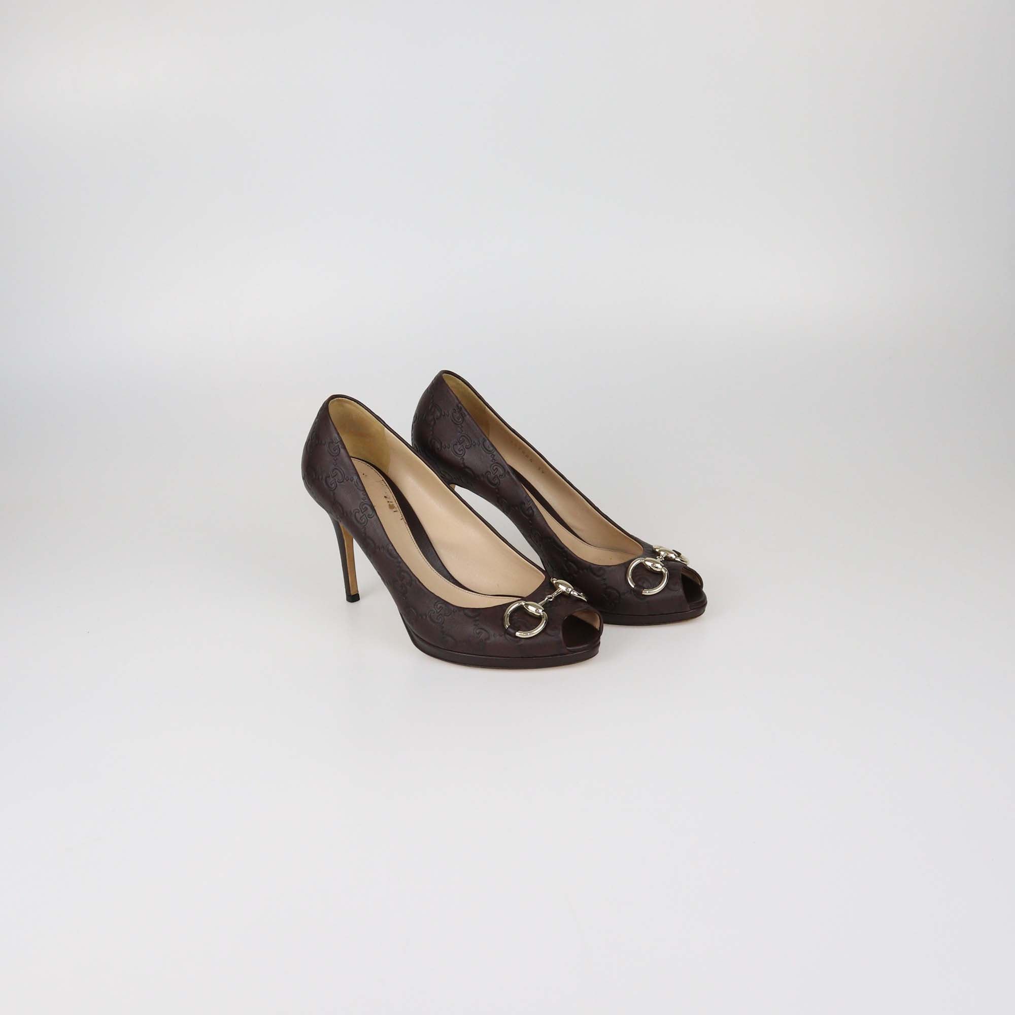 Gucci Dark Brown Guccissima Leather Horsebit Peep Toe Pumps