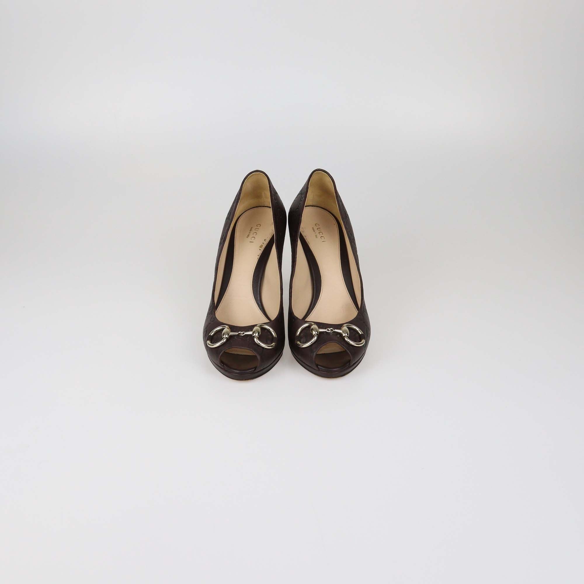 Gucci Dark Brown Guccissima Leather Horsebit Peep Toe Pumps