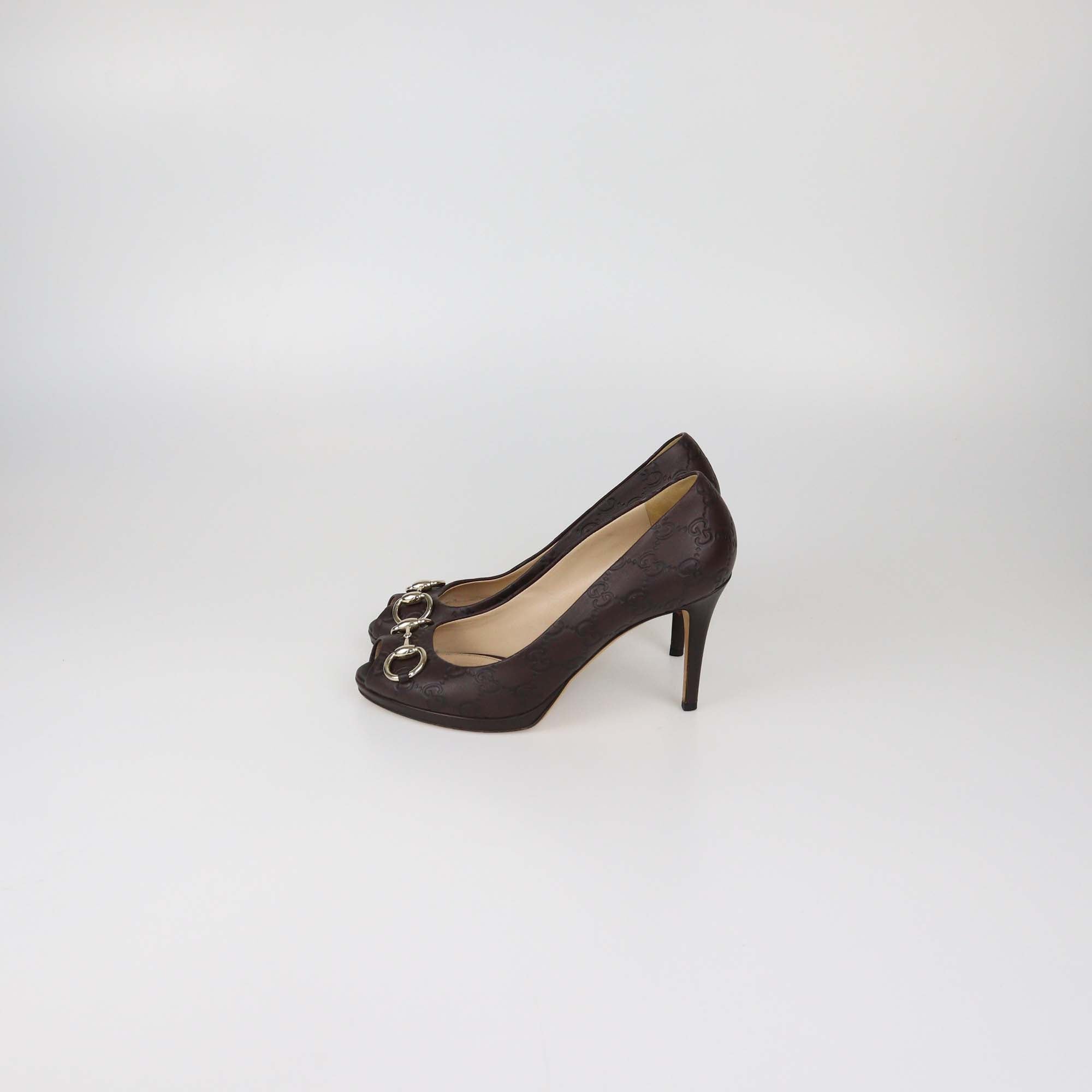 Gucci Dark Brown Guccissima Leather Horsebit Peep Toe Pumps