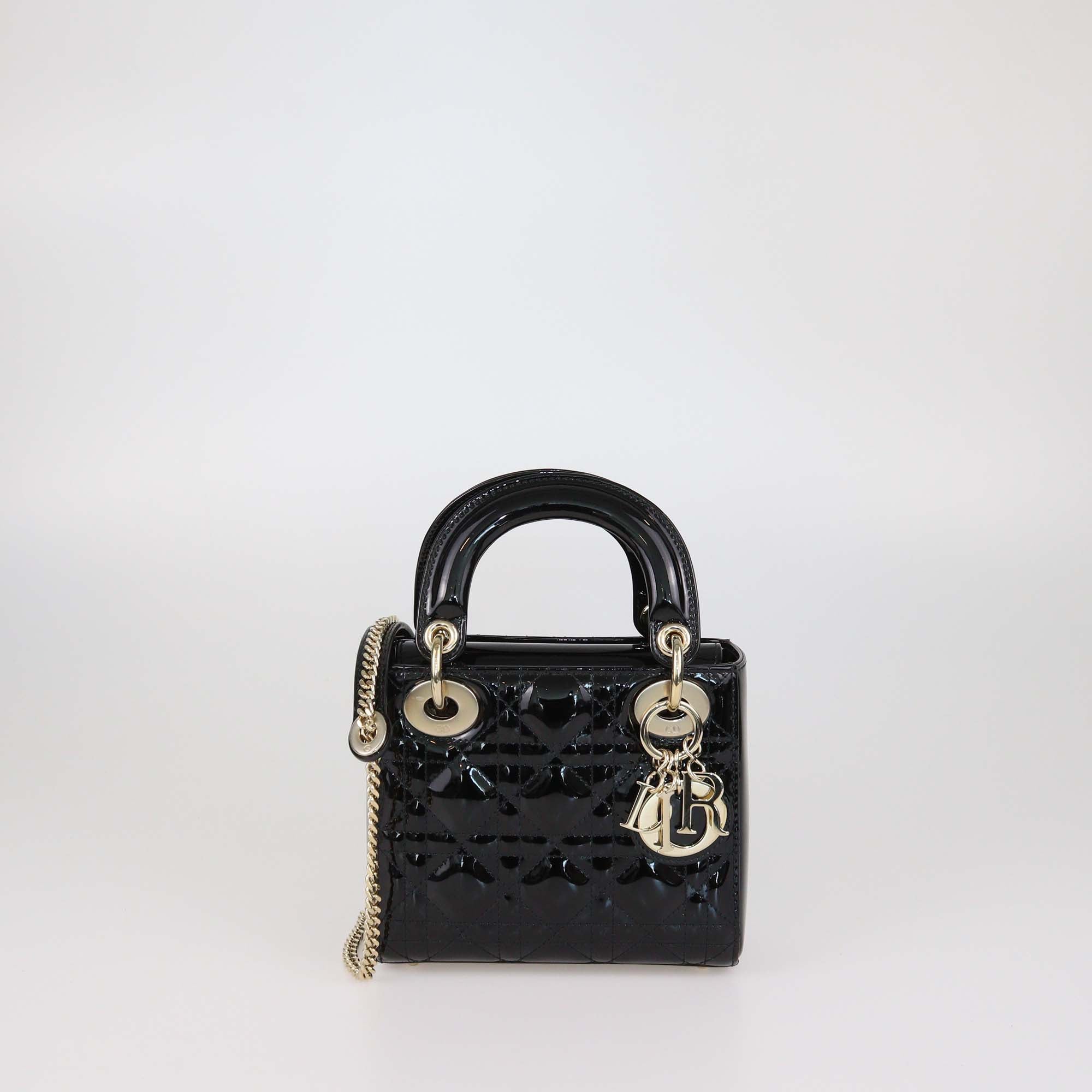 Christian Dior Black Patent Leather Cannage Mini Lady Dior Tote