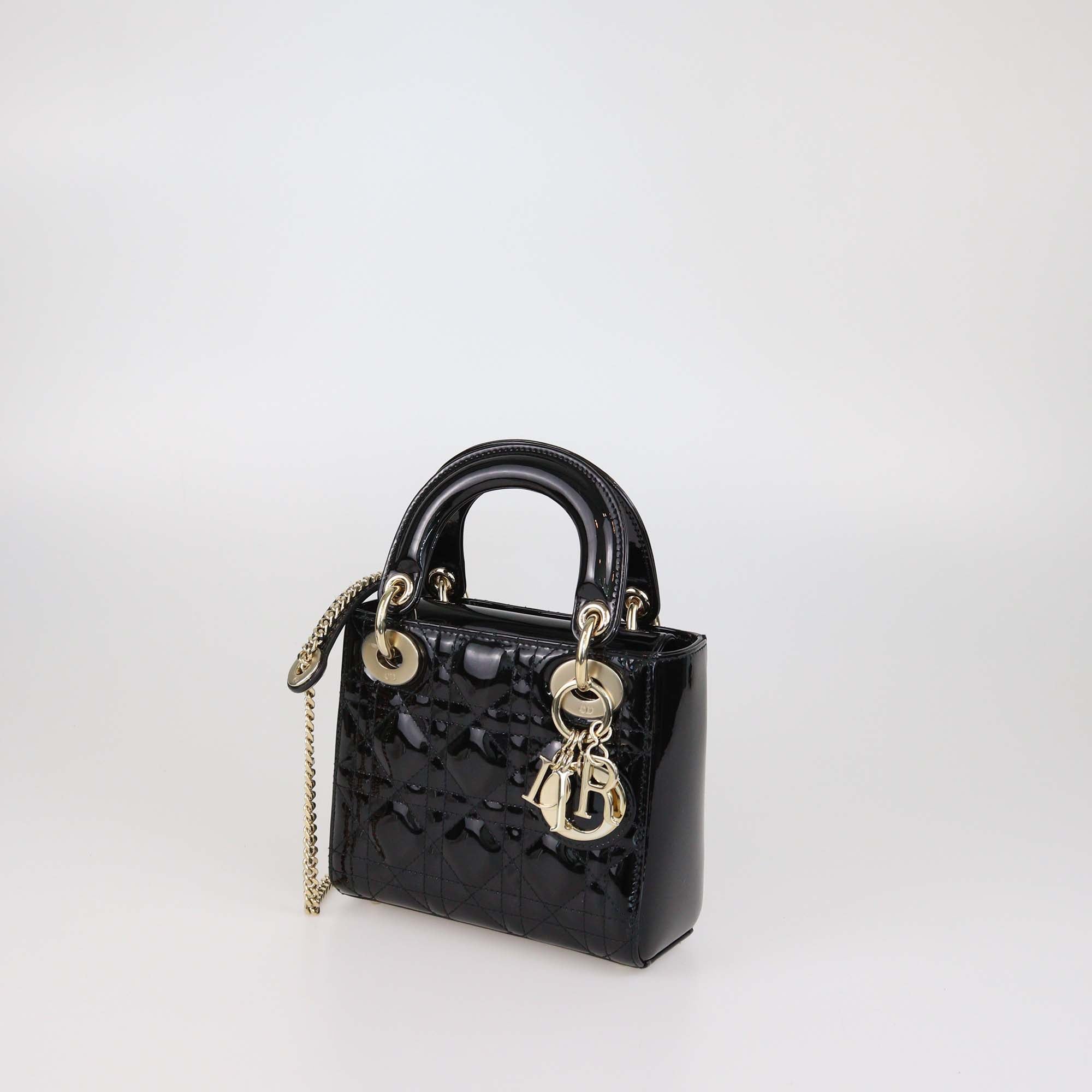 Christian Dior Black Patent Leather Cannage Mini Lady Dior Tote