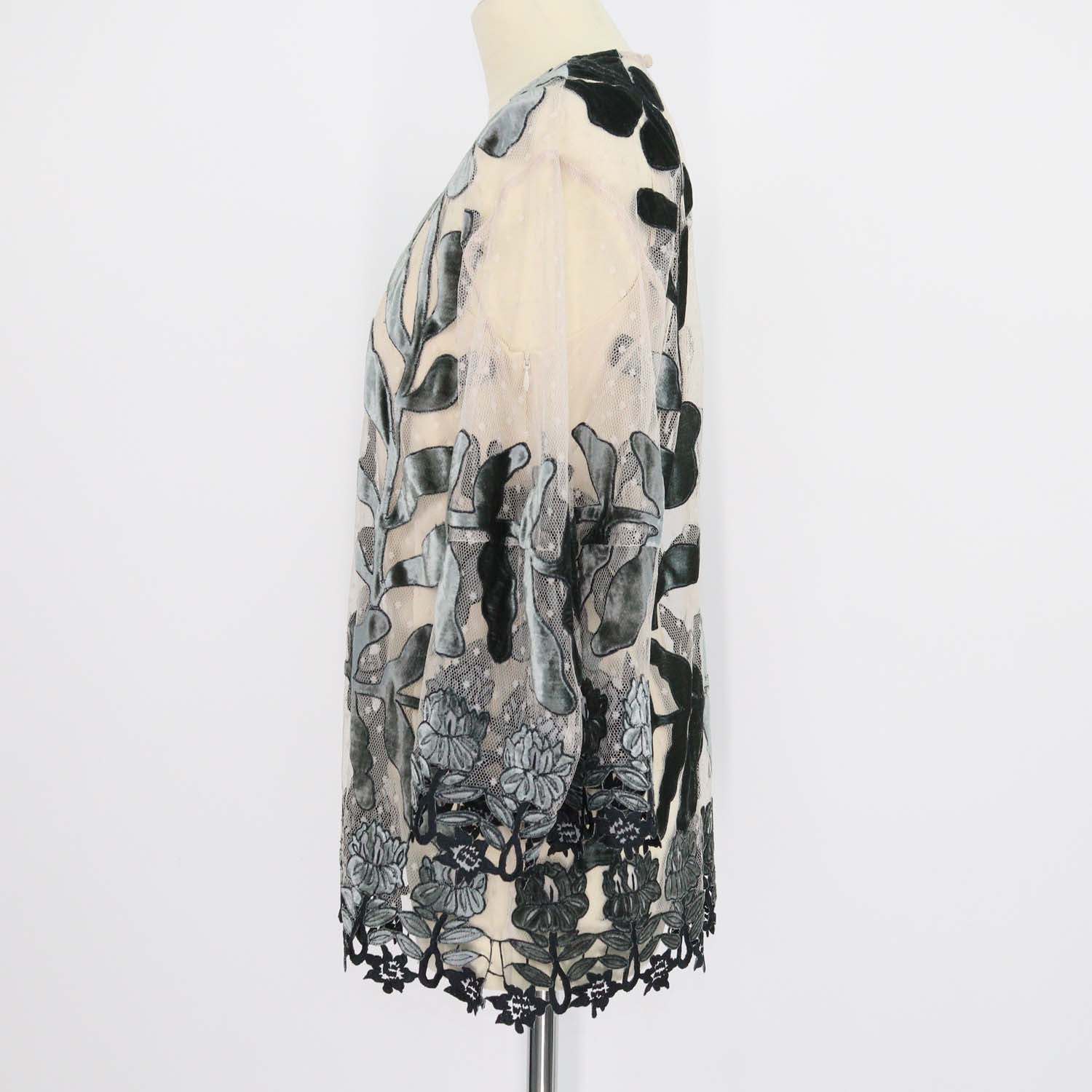 Biyan Green Mesh Velvet Floral Embroidered Blouse