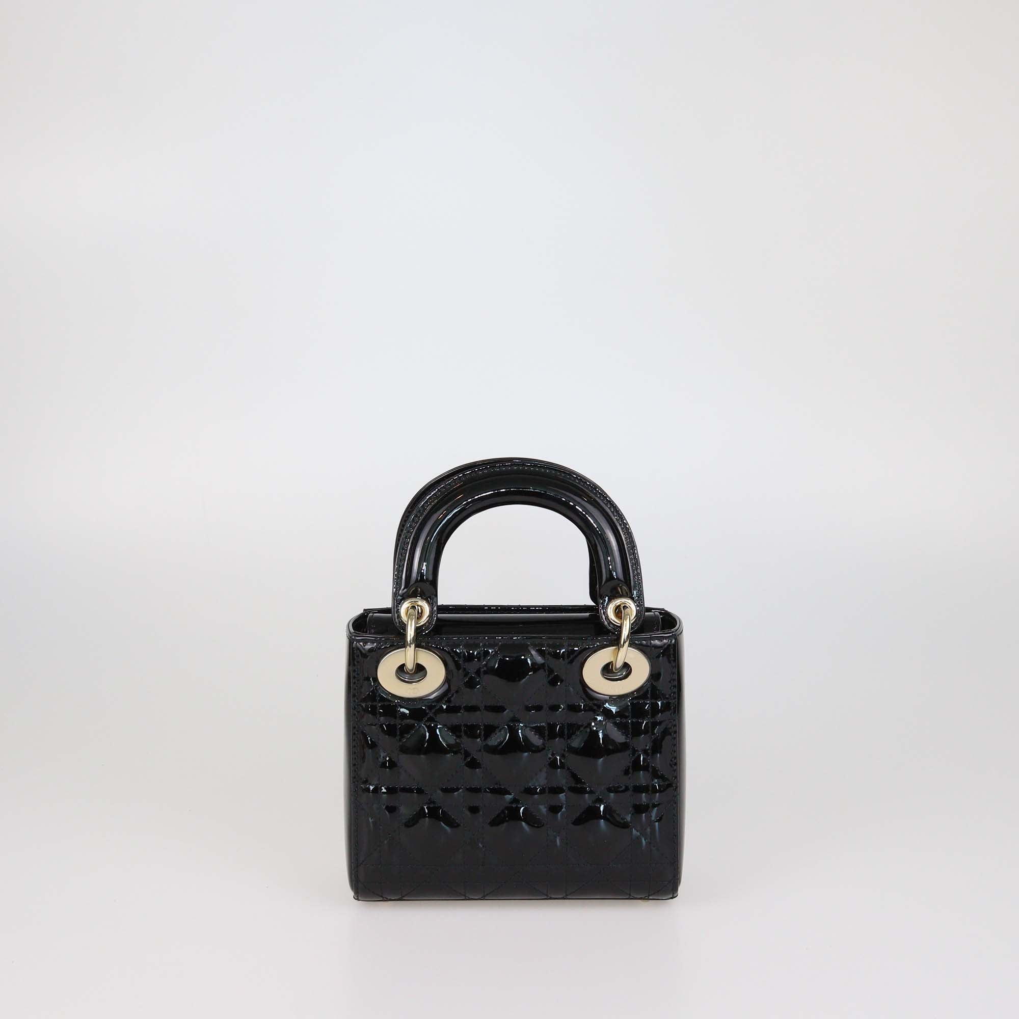 Christian Dior Black Patent Leather Cannage Mini Lady Dior Tote