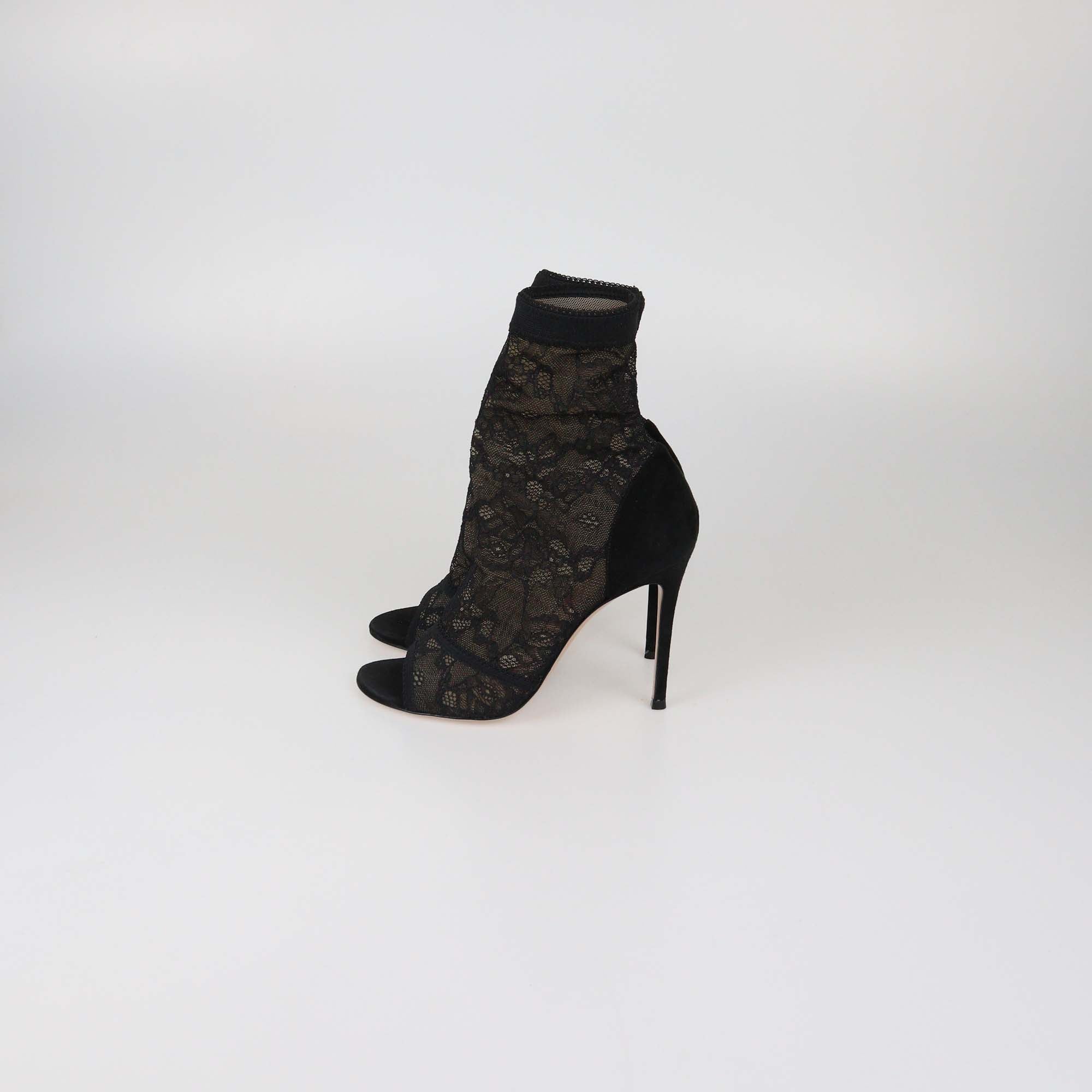 Gianvito Rossi Black Lace and Suede Missy Open Toe Booties
