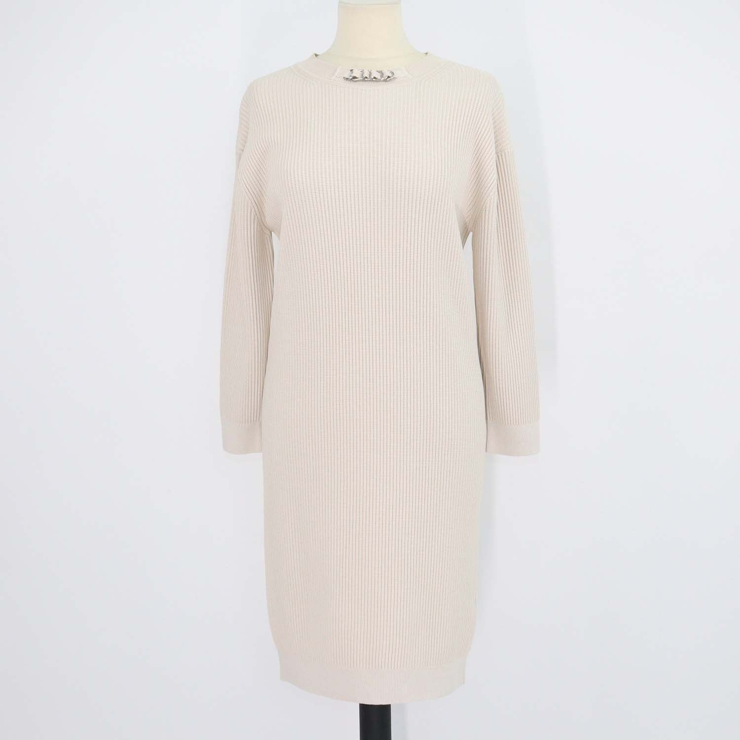 Hermes Beige Blend Viscose Knitted Chain Neck Detail Long Sleeve Dress