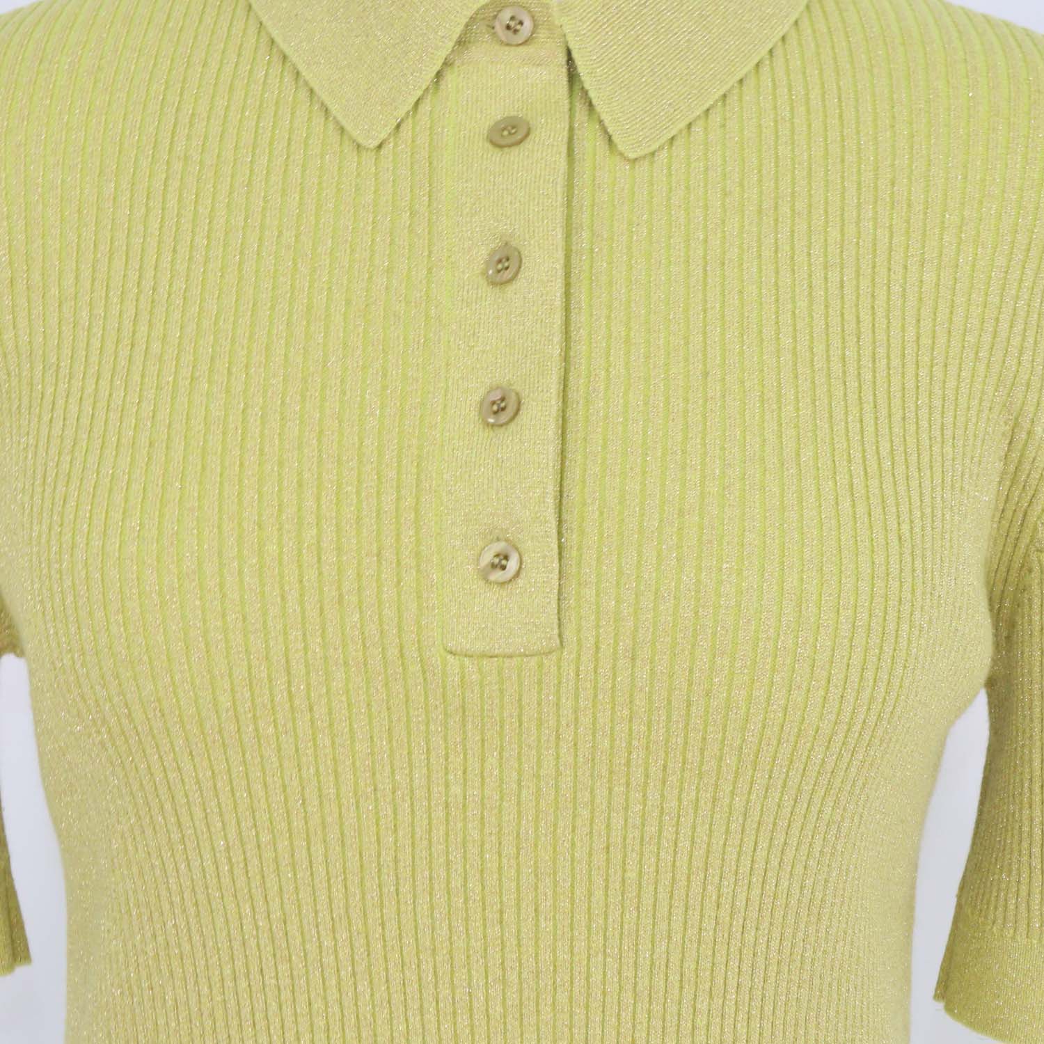 Nina Ricci Metallic Yellow Green Blend Cotton Knitted Polo Shirt